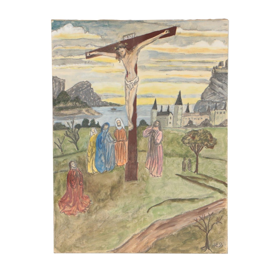 Inez Hess Folk Mixed Media Painting of the Crucifixion