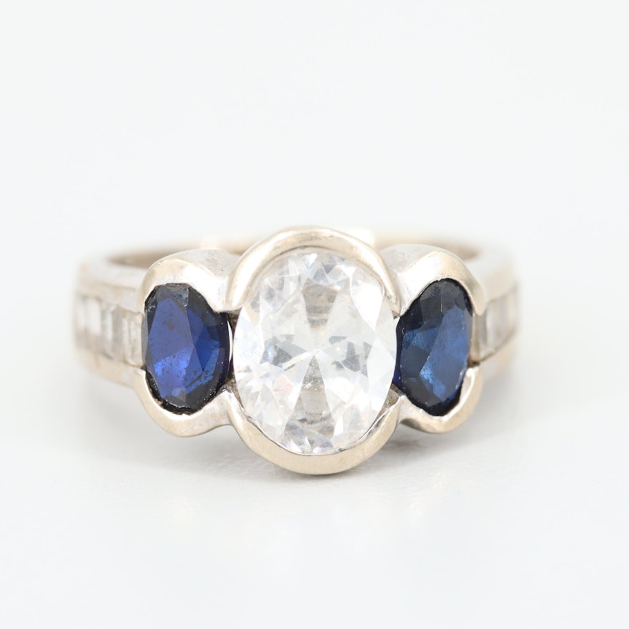 Vintage 14K White Gold Cubic Zirconia and Synthetic Blue Sapphire Ring