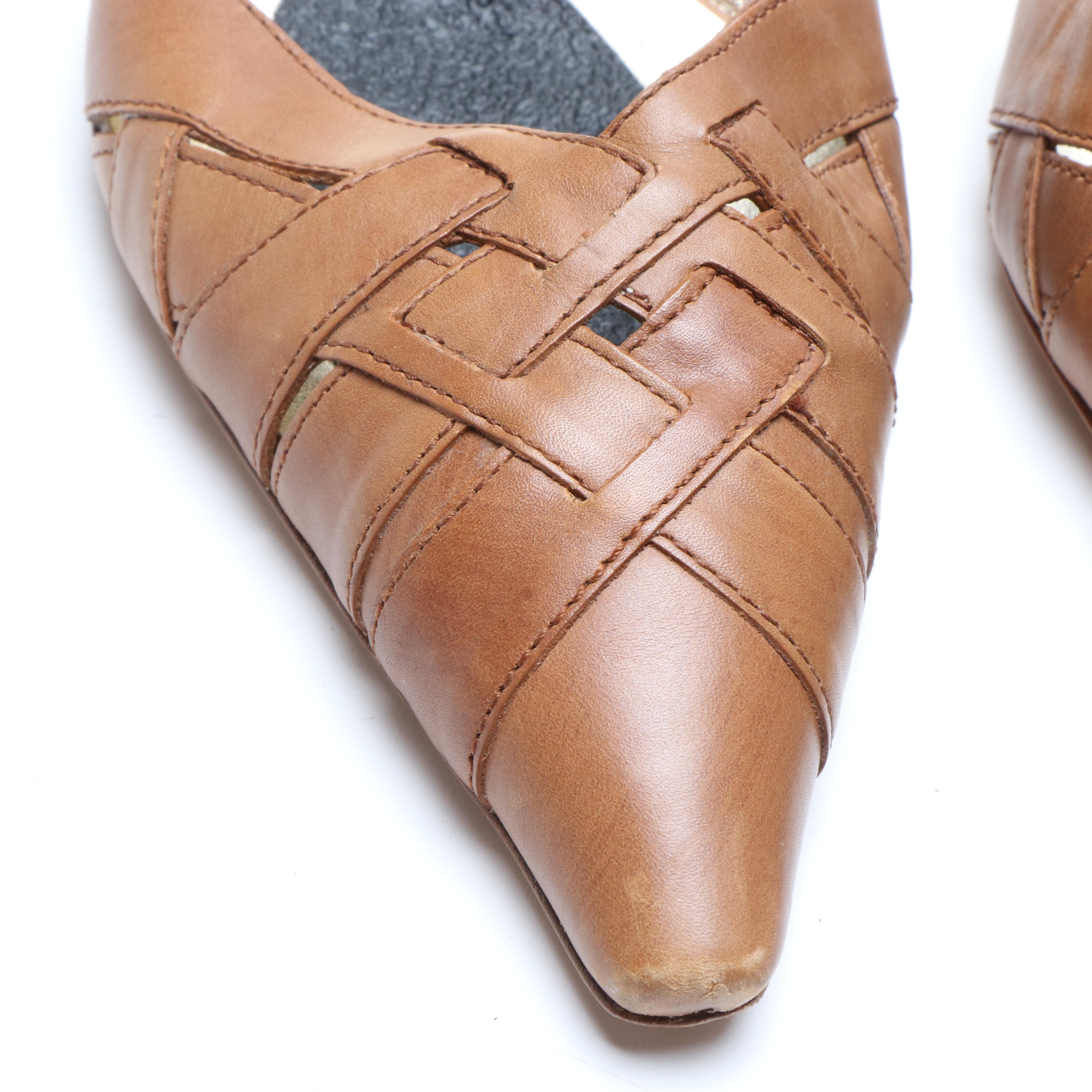 Prada Brown Leather Pumps and Tan Woven Leather D'Orsay Heels