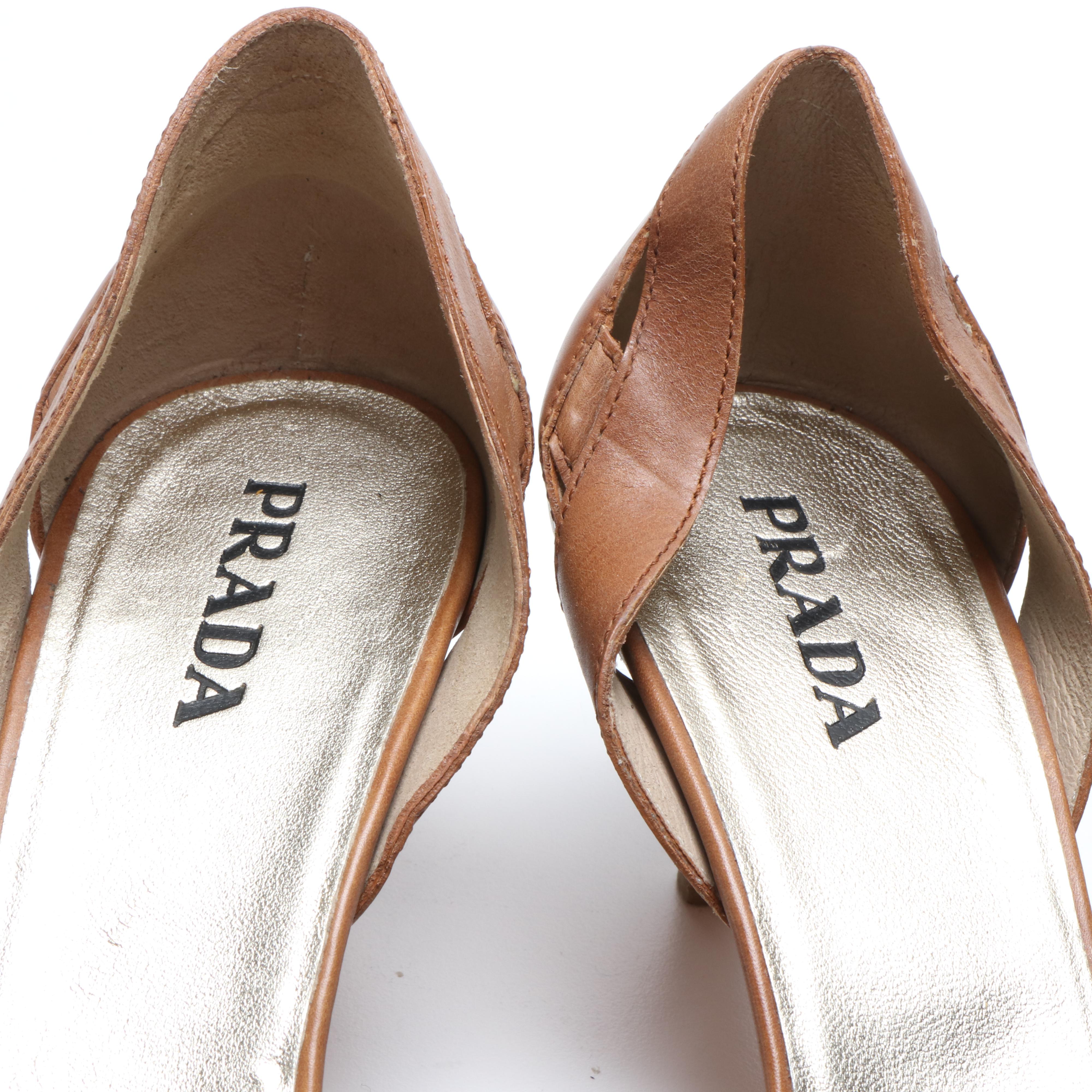 Prada Brown Leather Pumps and Tan Woven Leather D'Orsay Heels