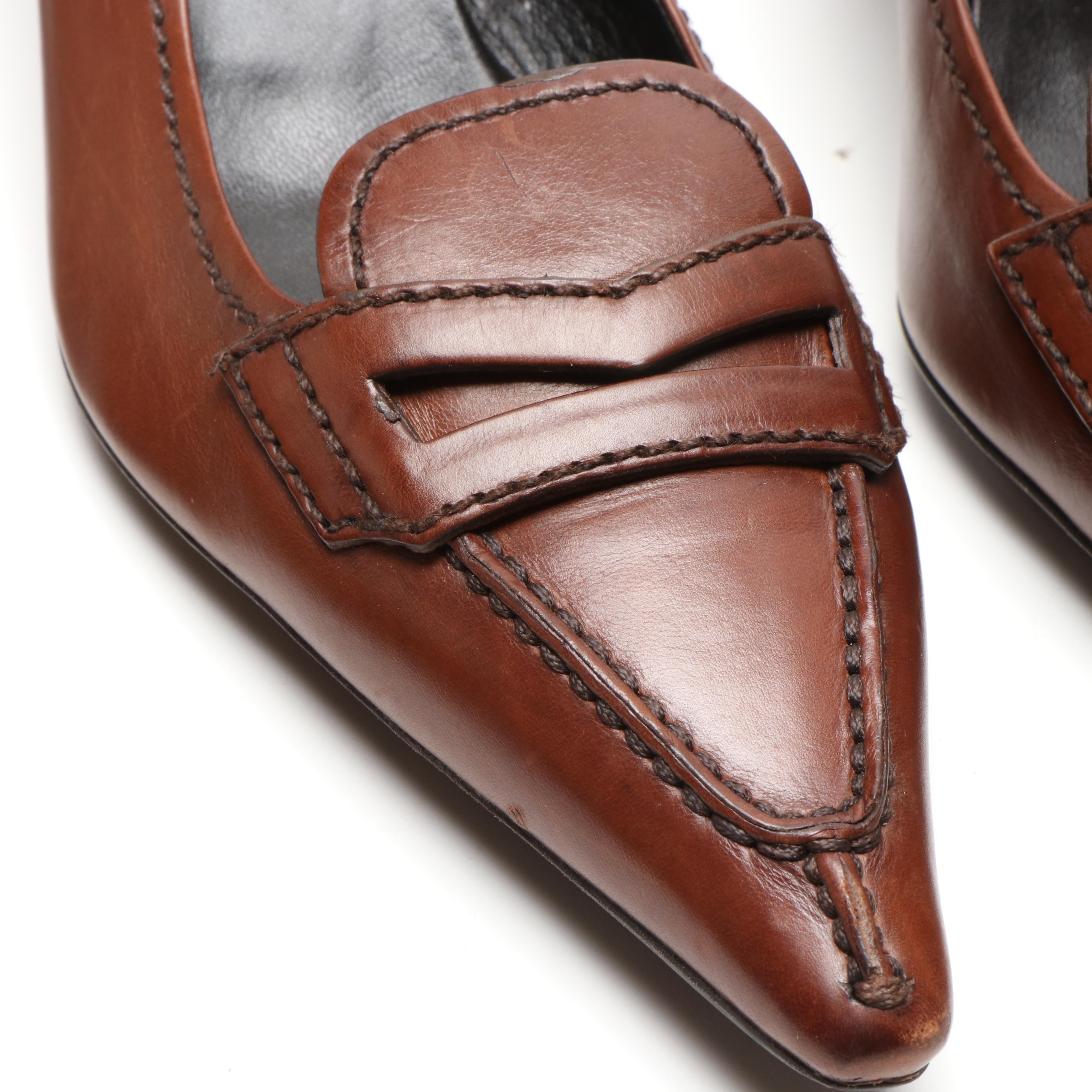 Prada Brown Leather Pumps and Tan Woven Leather D'Orsay Heels