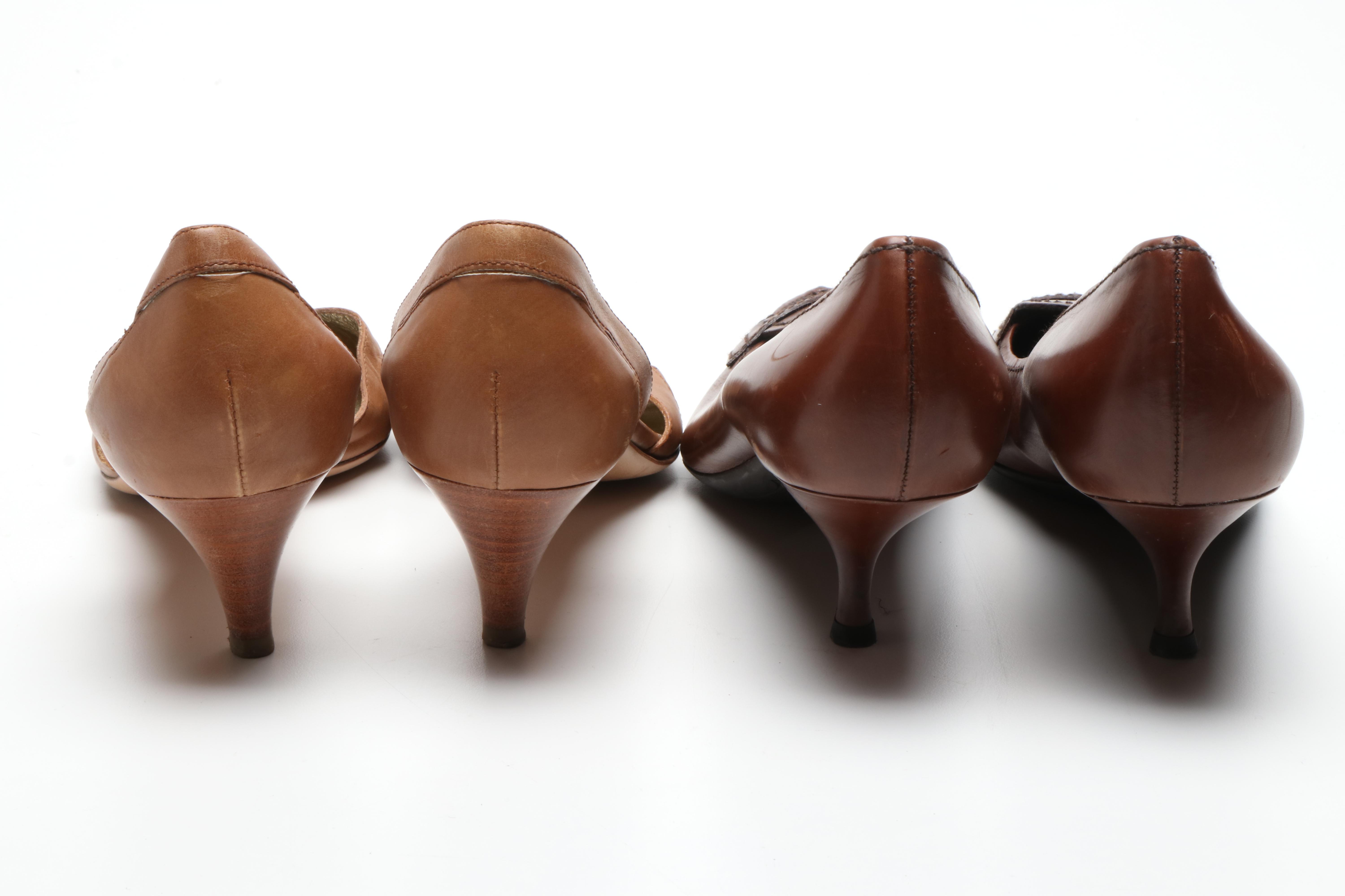 Prada Brown Leather Pumps and Tan Woven Leather D'Orsay Heels
