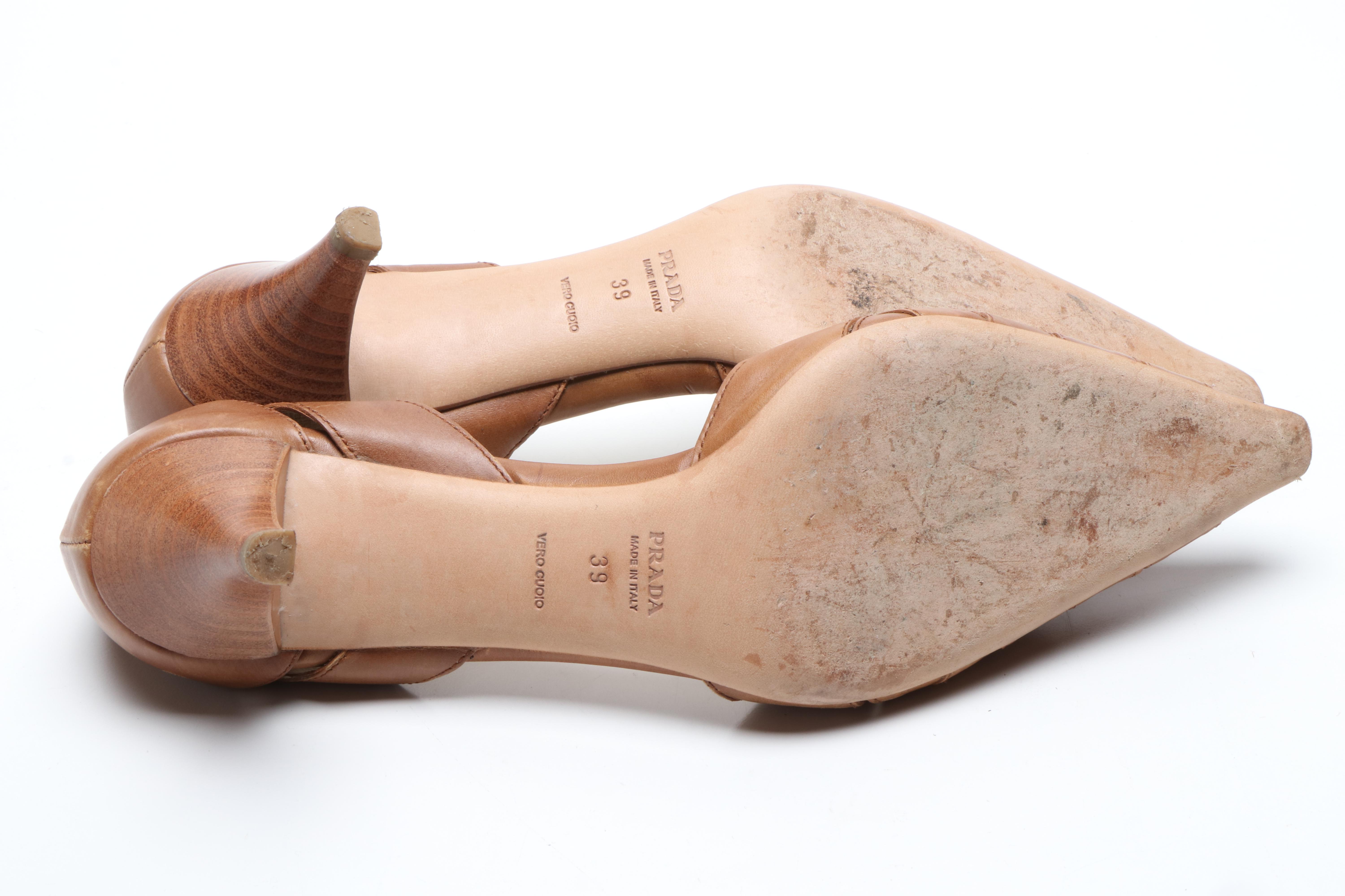 Prada Brown Leather Pumps and Tan Woven Leather D'Orsay Heels
