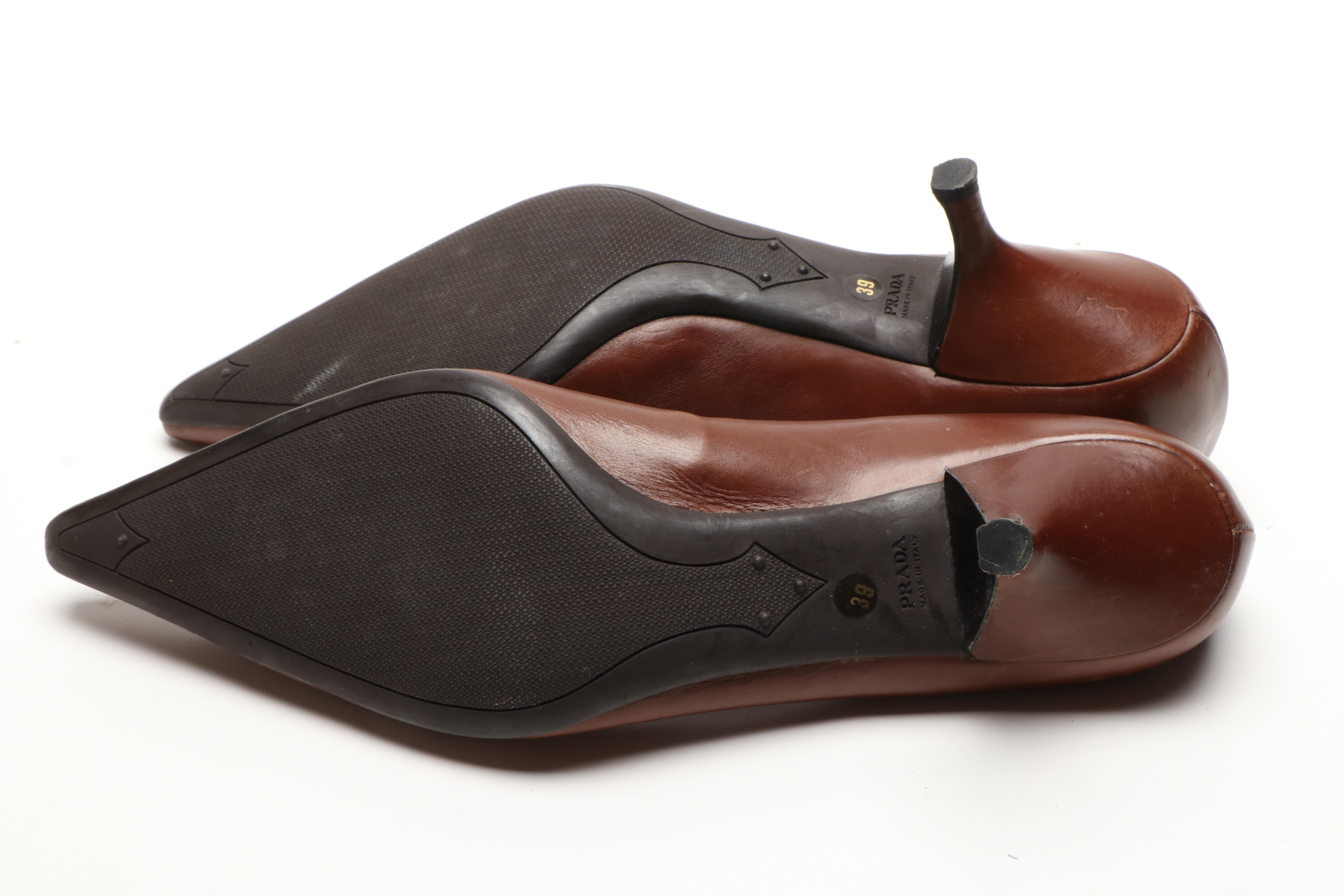 Prada Brown Leather Pumps and Tan Woven Leather D'Orsay Heels