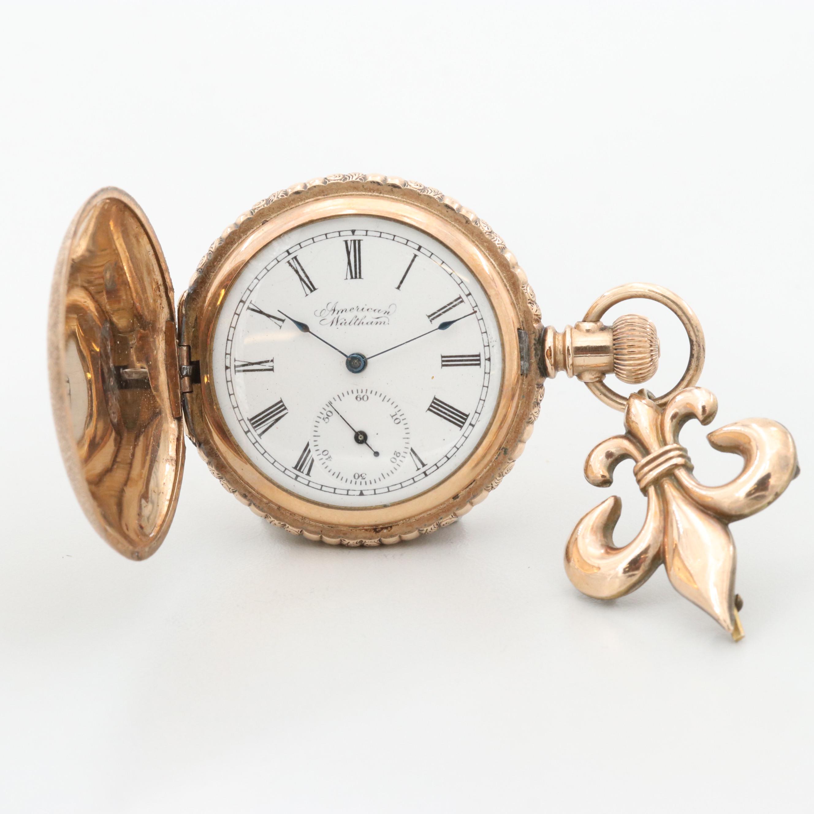 Antique Waltham Gold Filled Pocket Watch With Fleur de Lis Pin, 1900