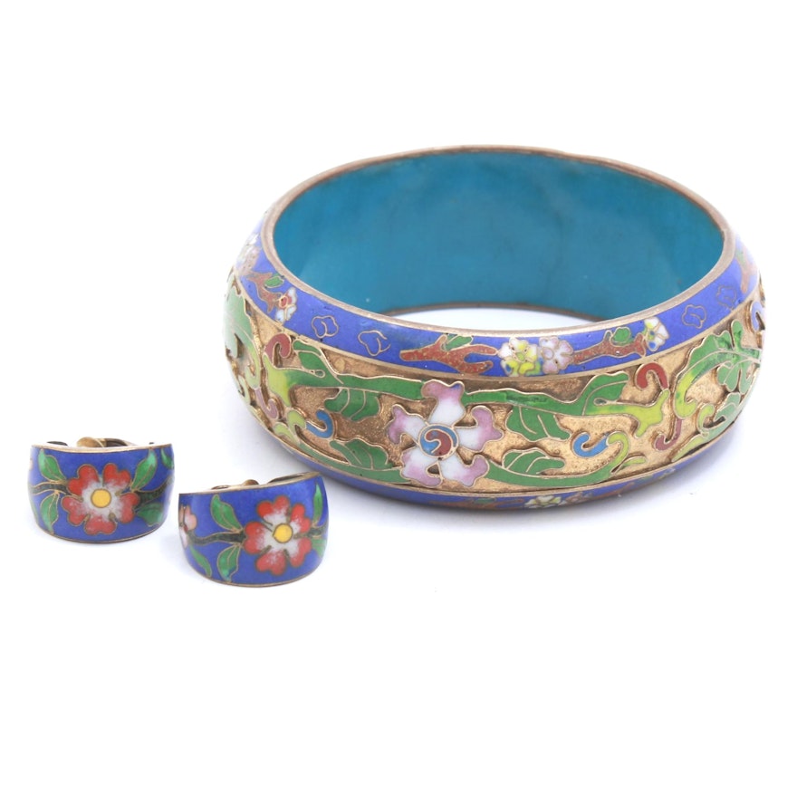 Cloisonne Champlevé Bangle Bracelet and Earrings