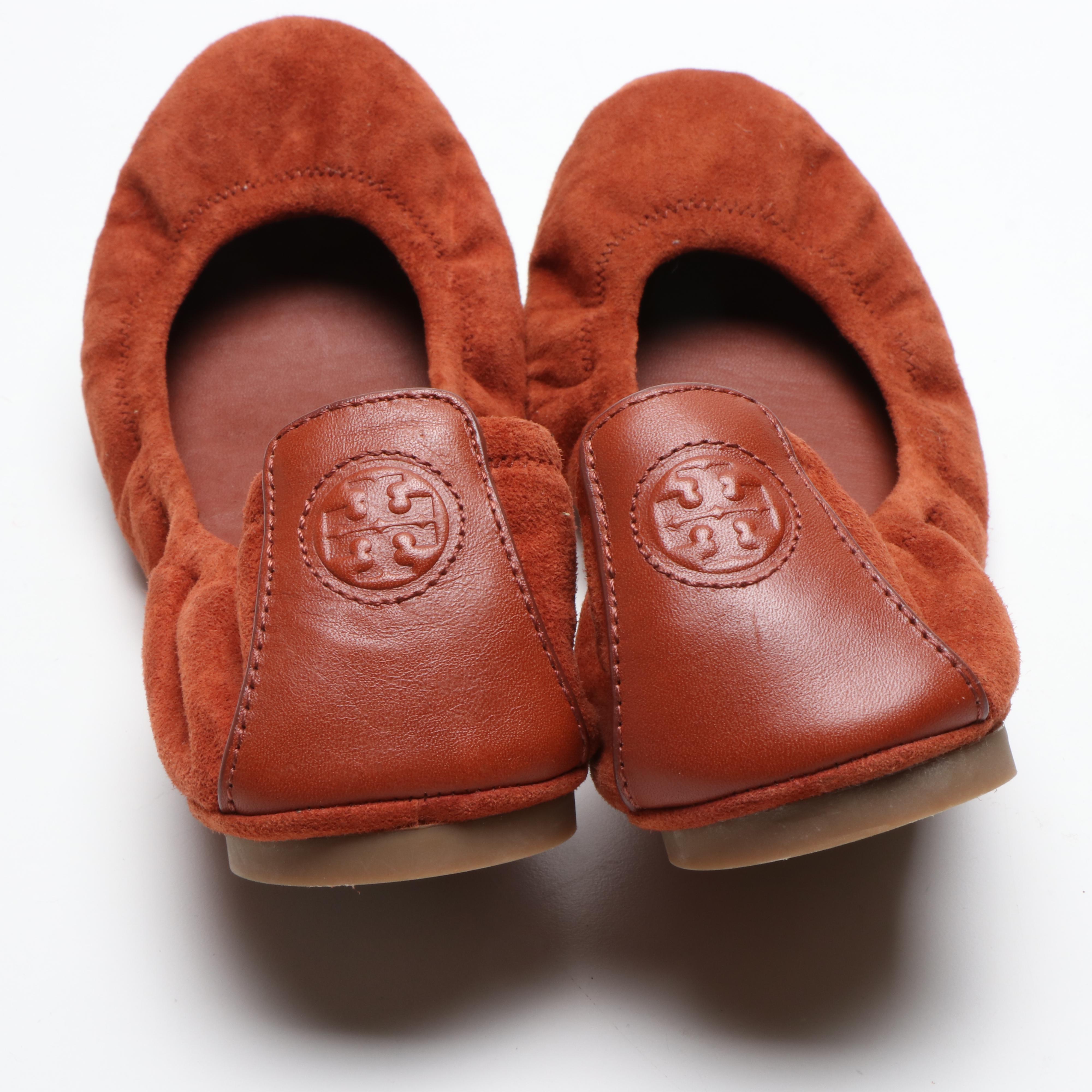 Tod's Tan Leather Driving Loafers and Tory Burch Rust Suede Ballet Flats