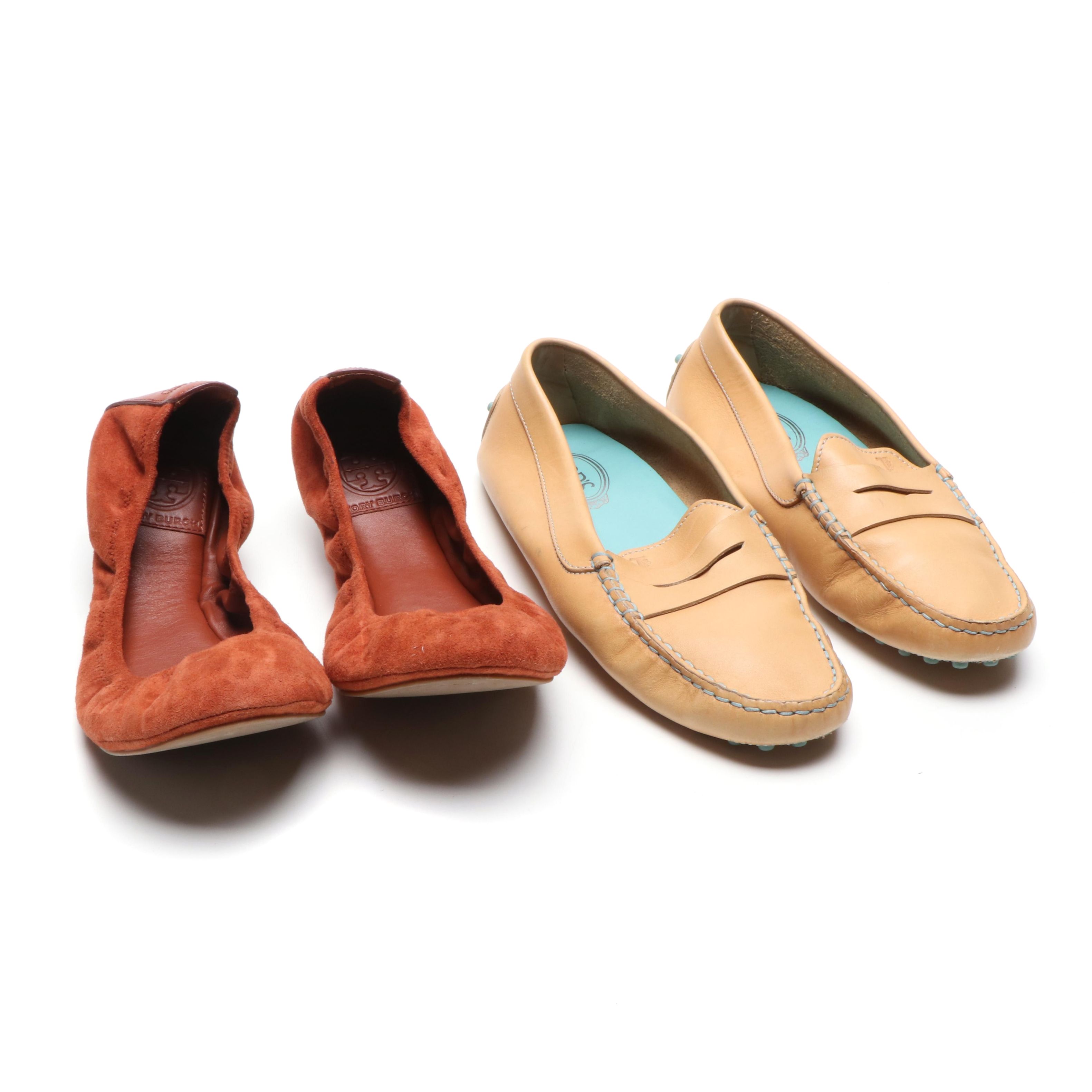 Tod's Tan Leather Driving Loafers and Tory Burch Rust Suede Ballet Flats