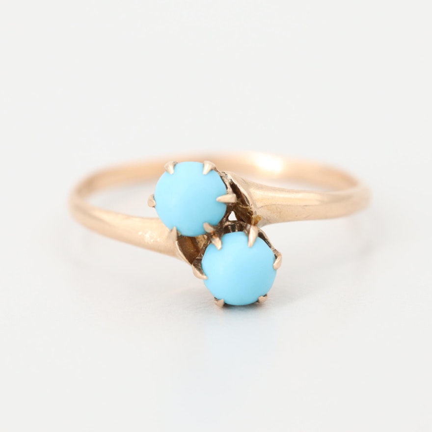 Victorian 10K Yellow Gold Imitation Turquoise Toi Et Moi Ring Including Box