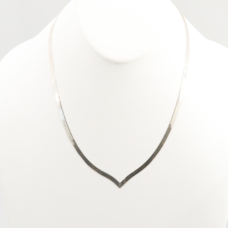 Sterling Silver Contour Herringbone Chain Necklace