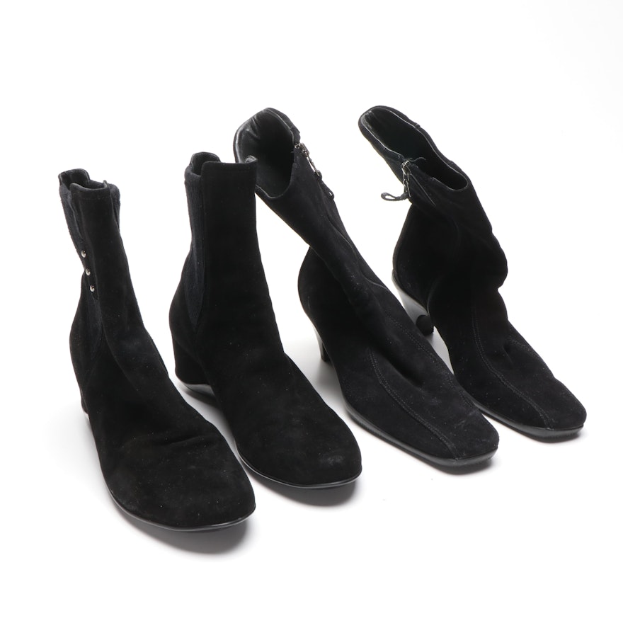 Prada Black Suede Square Toe Boots and Aquatalia Black Suede Wedge Boots