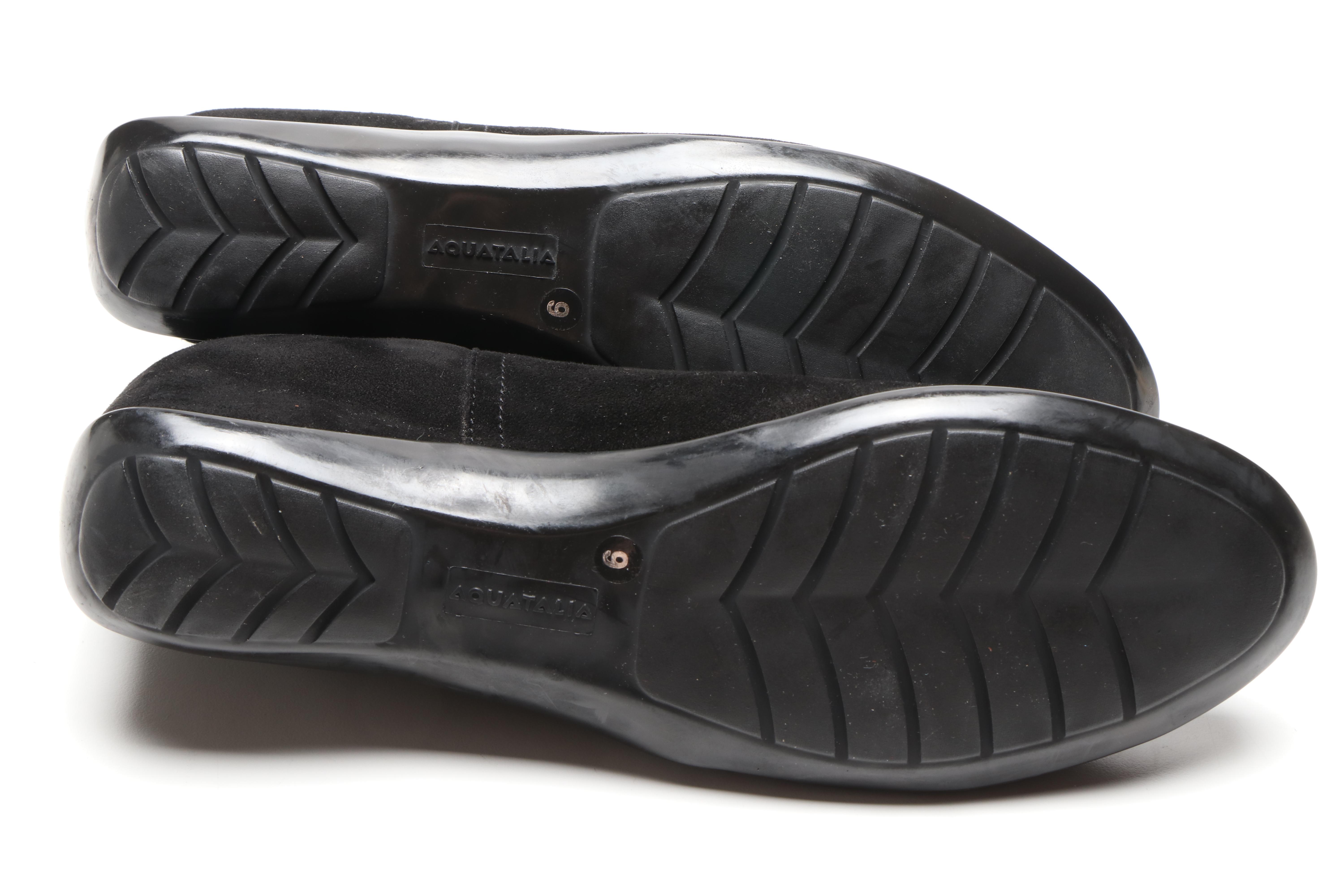 Prada Black Suede Square Toe Boots and Aquatalia Black Suede Wedge Boots