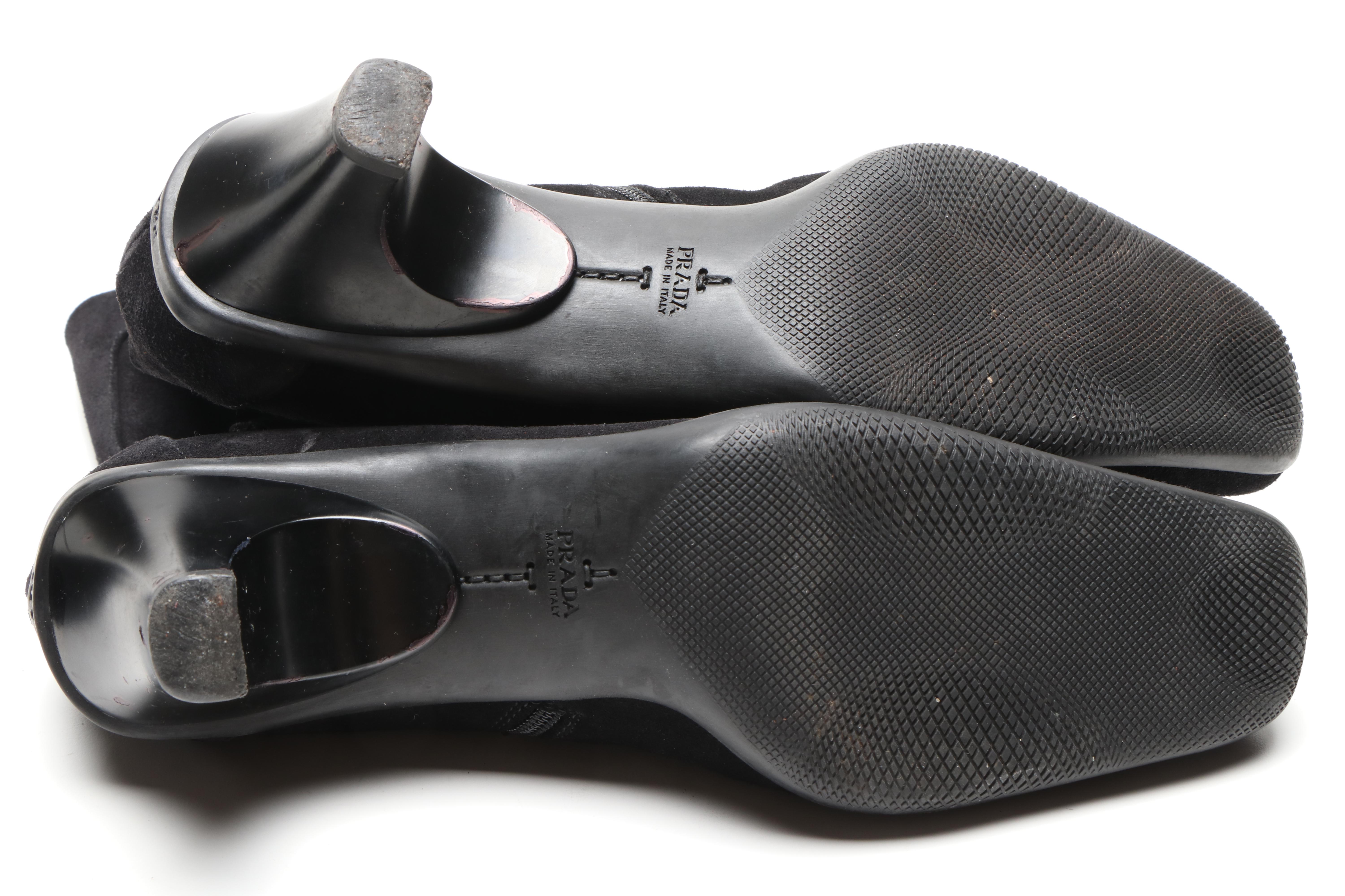 Prada Black Suede Square Toe Boots and Aquatalia Black Suede Wedge Boots