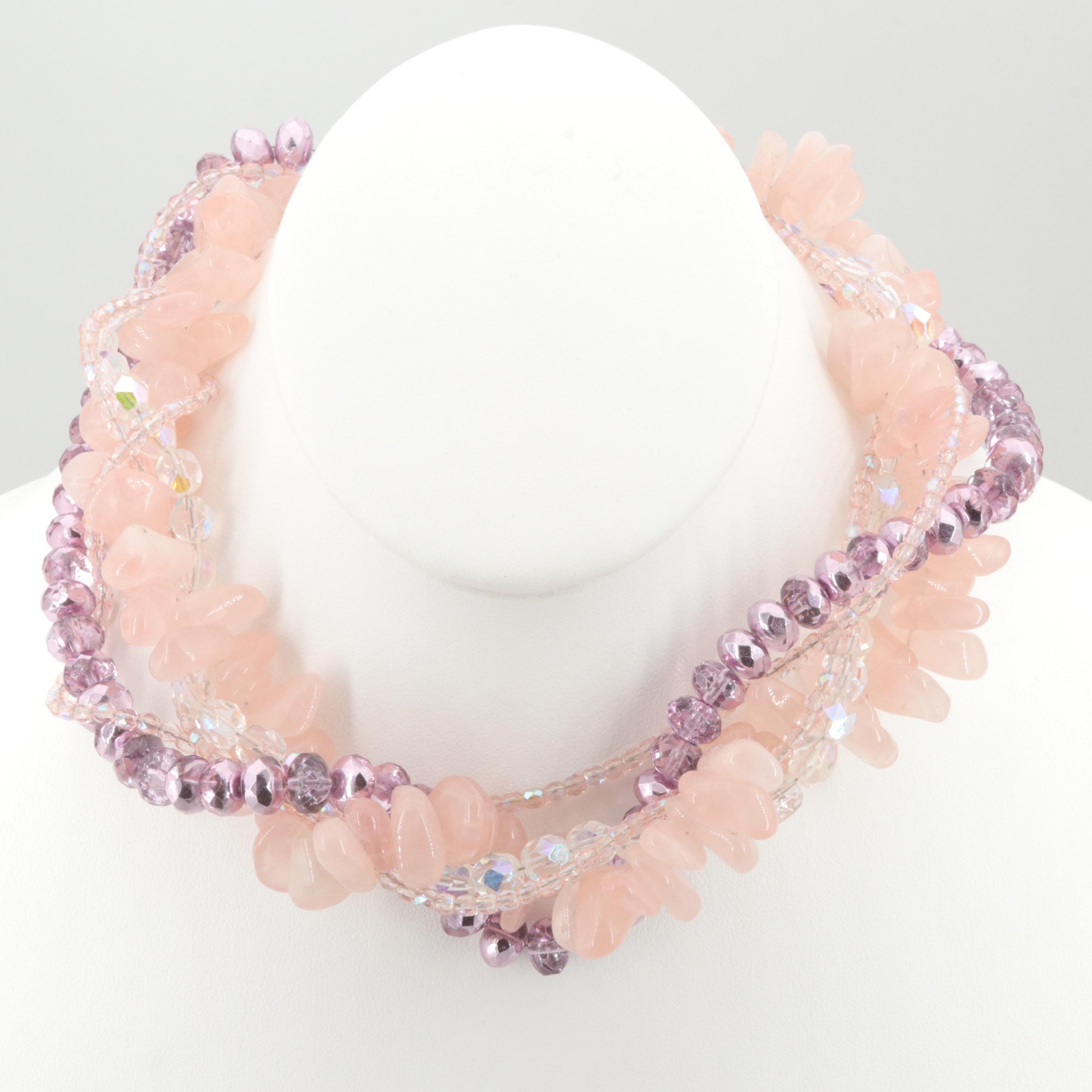 Silver Tone Rose Quartz and Glass Necklace by Josie Hewitt