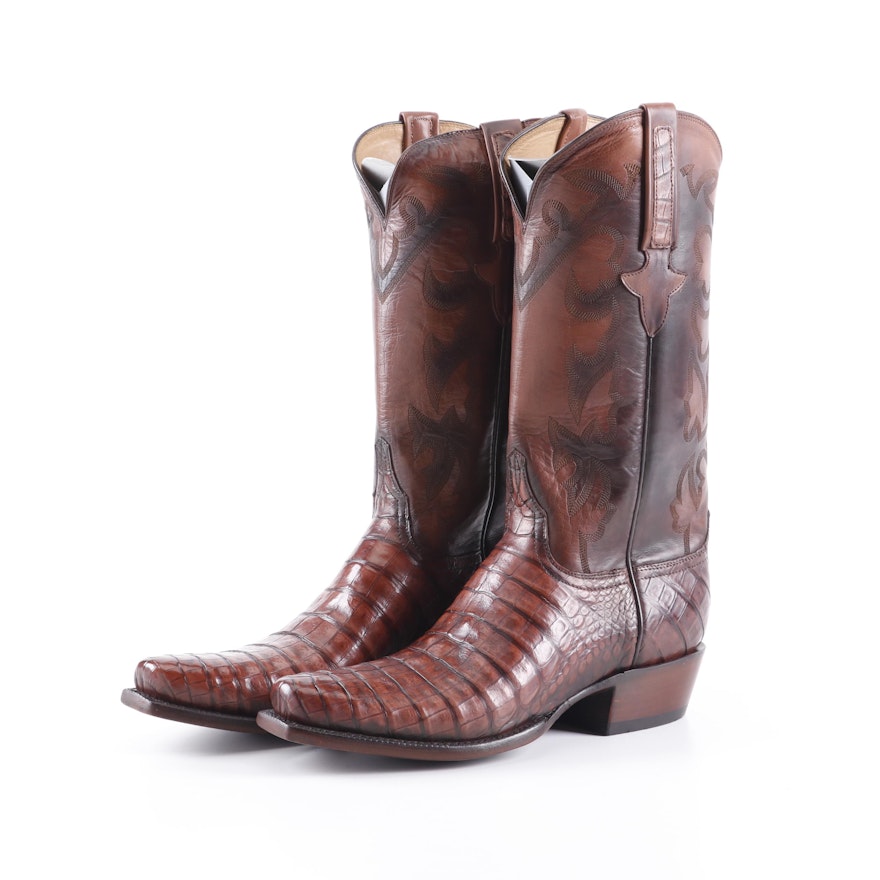 Men's Lucchese Brown Alligator Skin and Leather Square Toe Cowboy Boots