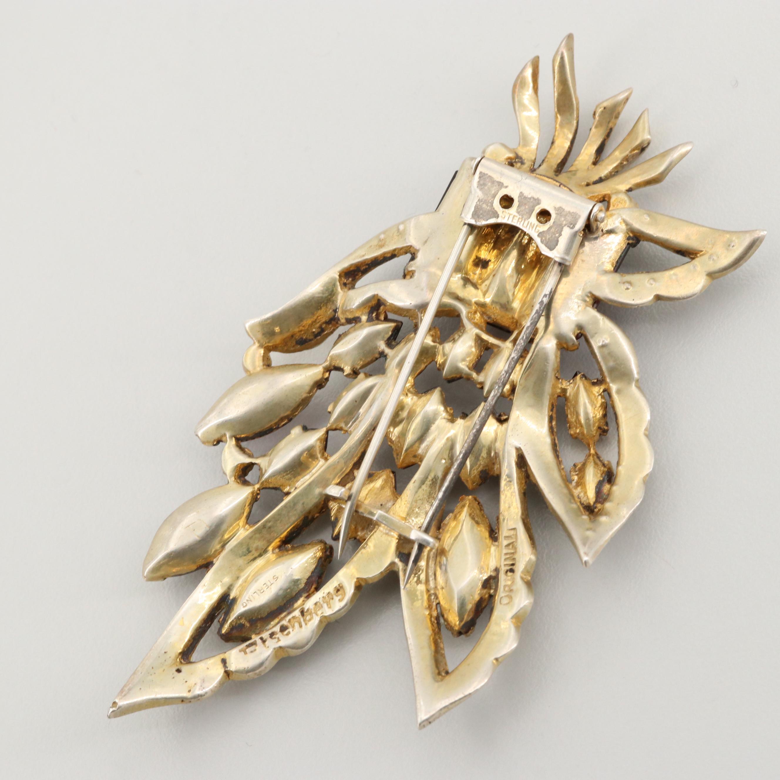 Circa 1940s Eisenberg Original Sterling Silver Rhinestone Fur Clip