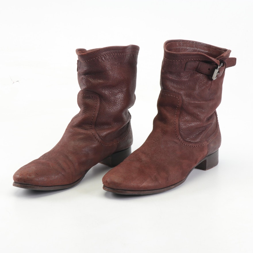 Women's Prada Brown Leather Slouchy Boots with Buckle