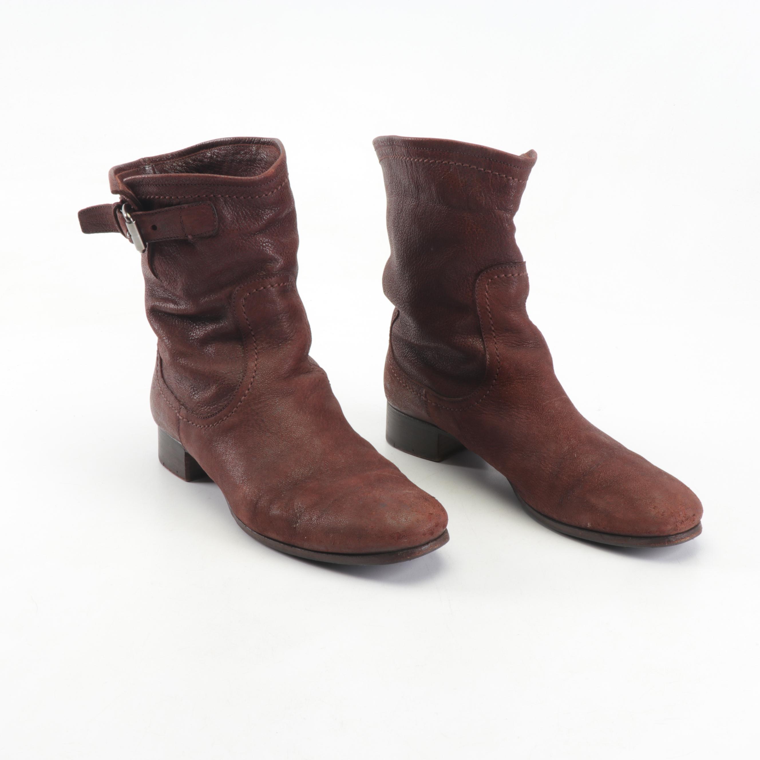 Women's Prada Brown Leather Slouchy Boots with Buckle