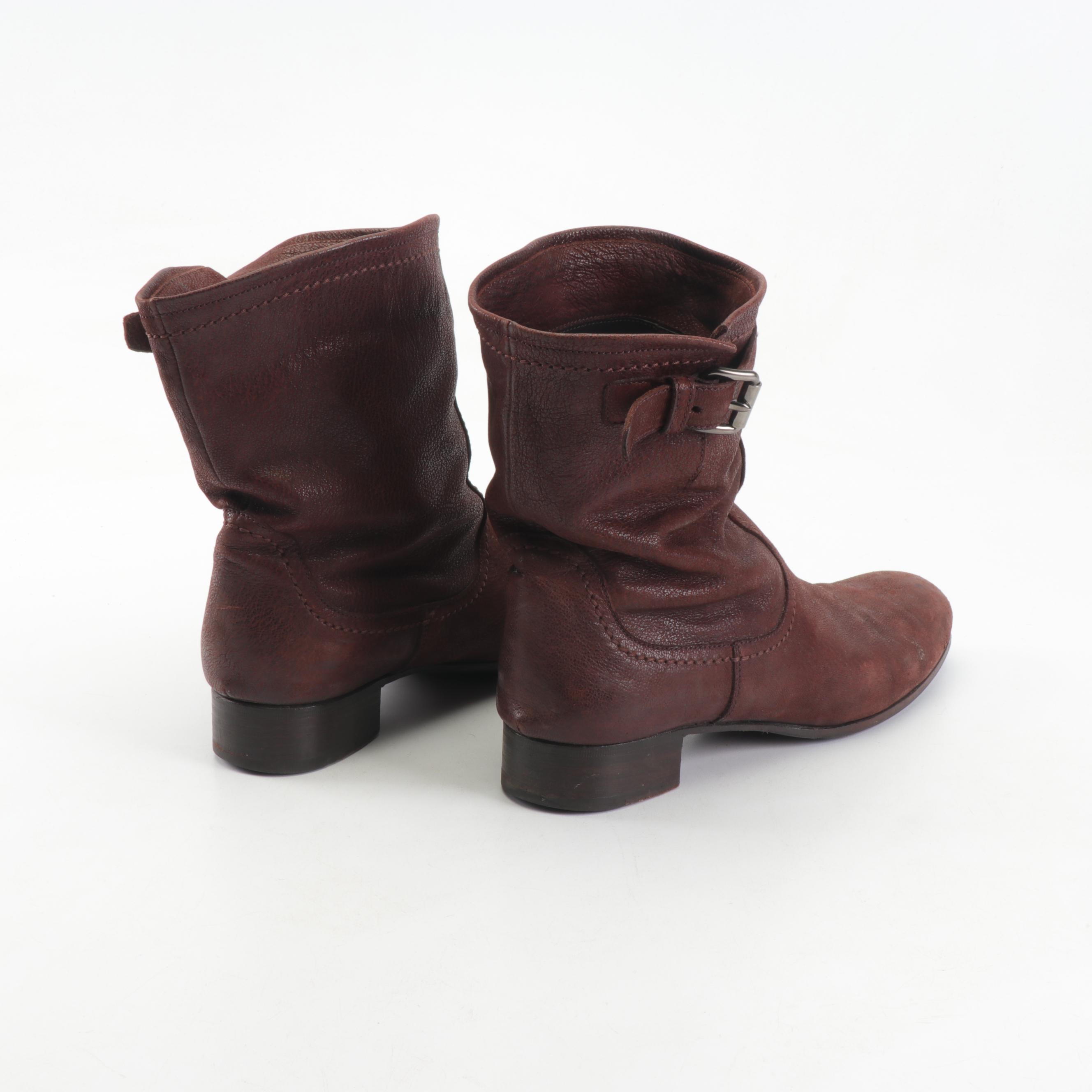 Women's Prada Brown Leather Slouchy Boots with Buckle