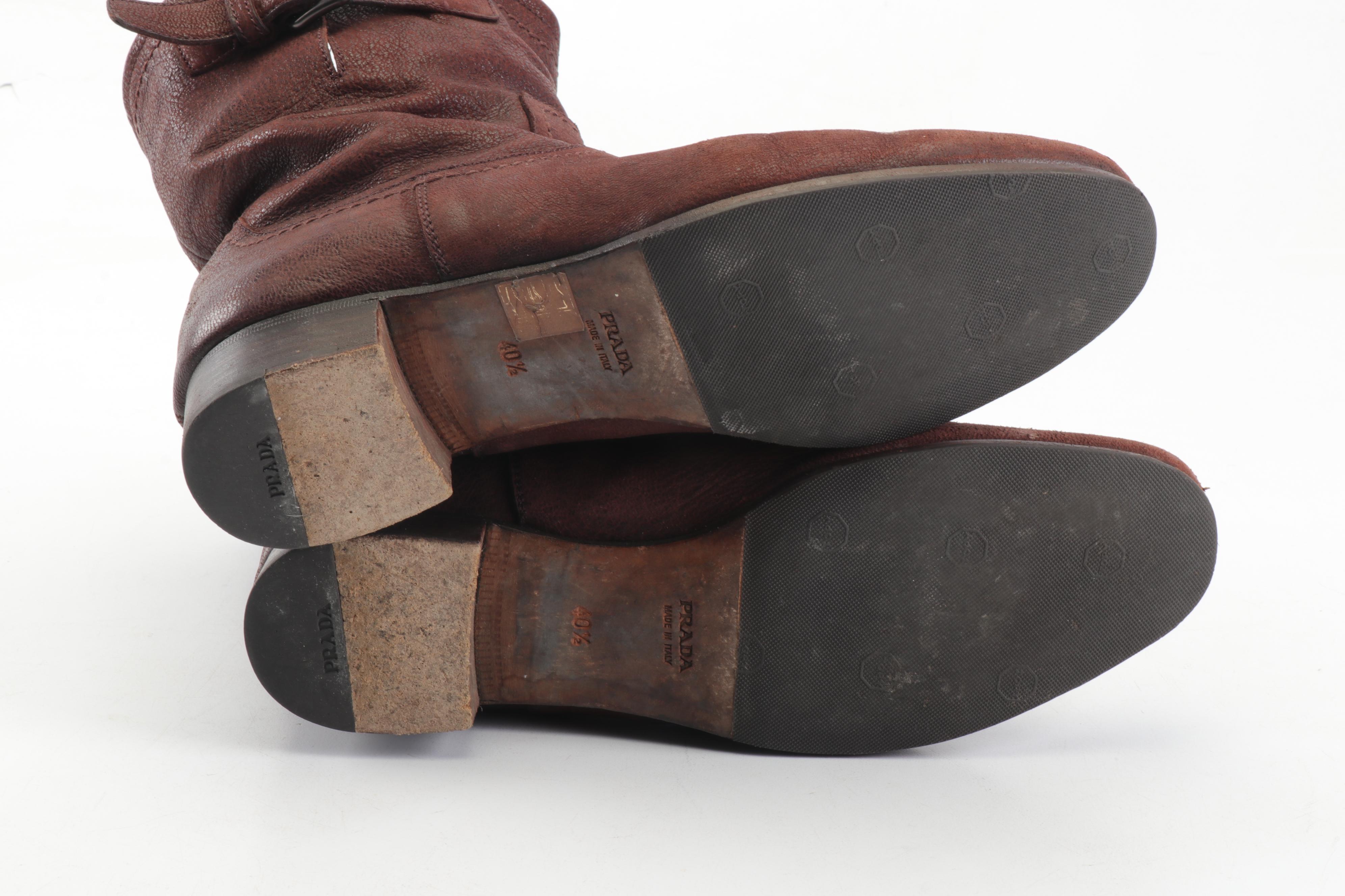 Women's Prada Brown Leather Slouchy Boots with Buckle