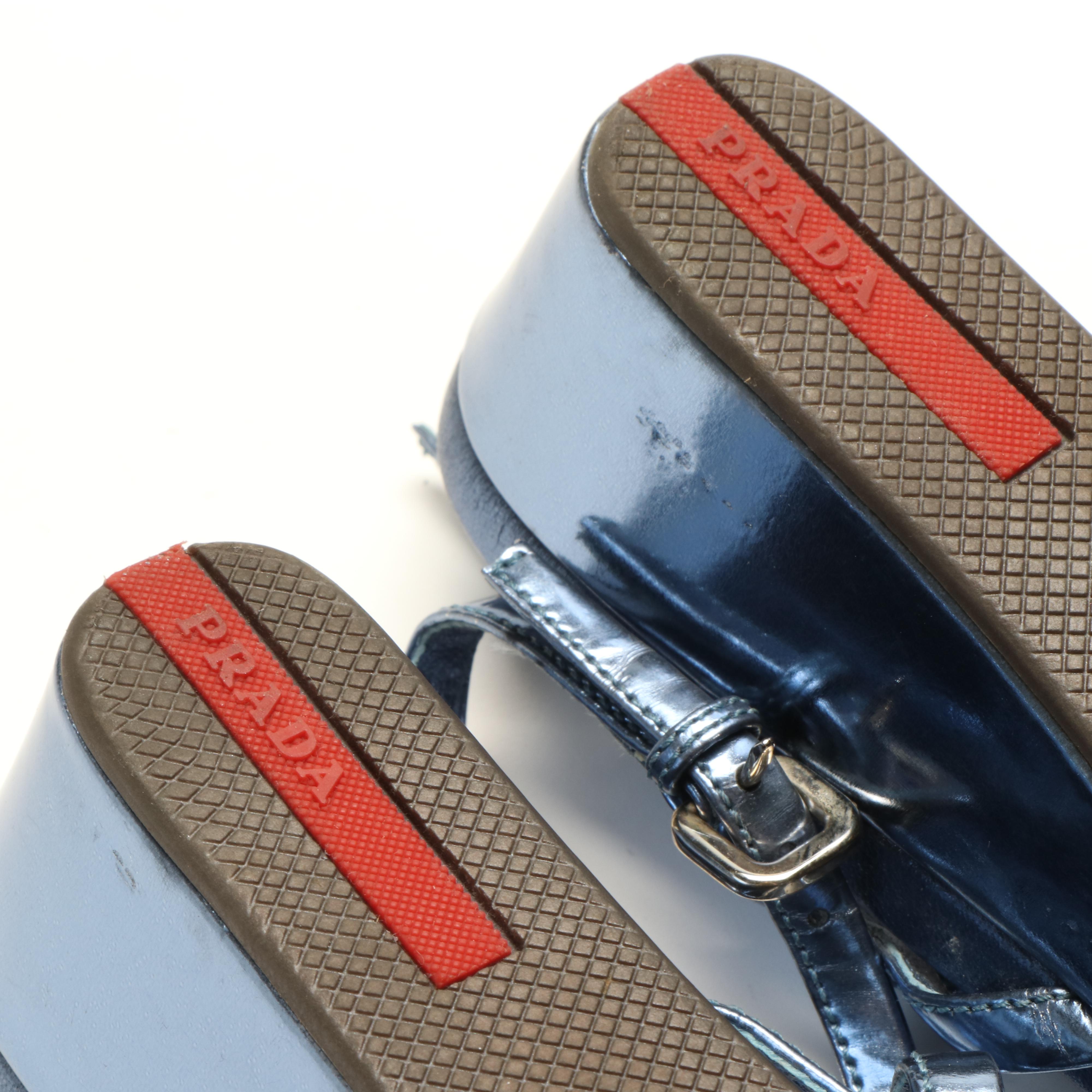 Prada Metallic Blue Leather and Chloé Canvas and Leather Wedge Sandals