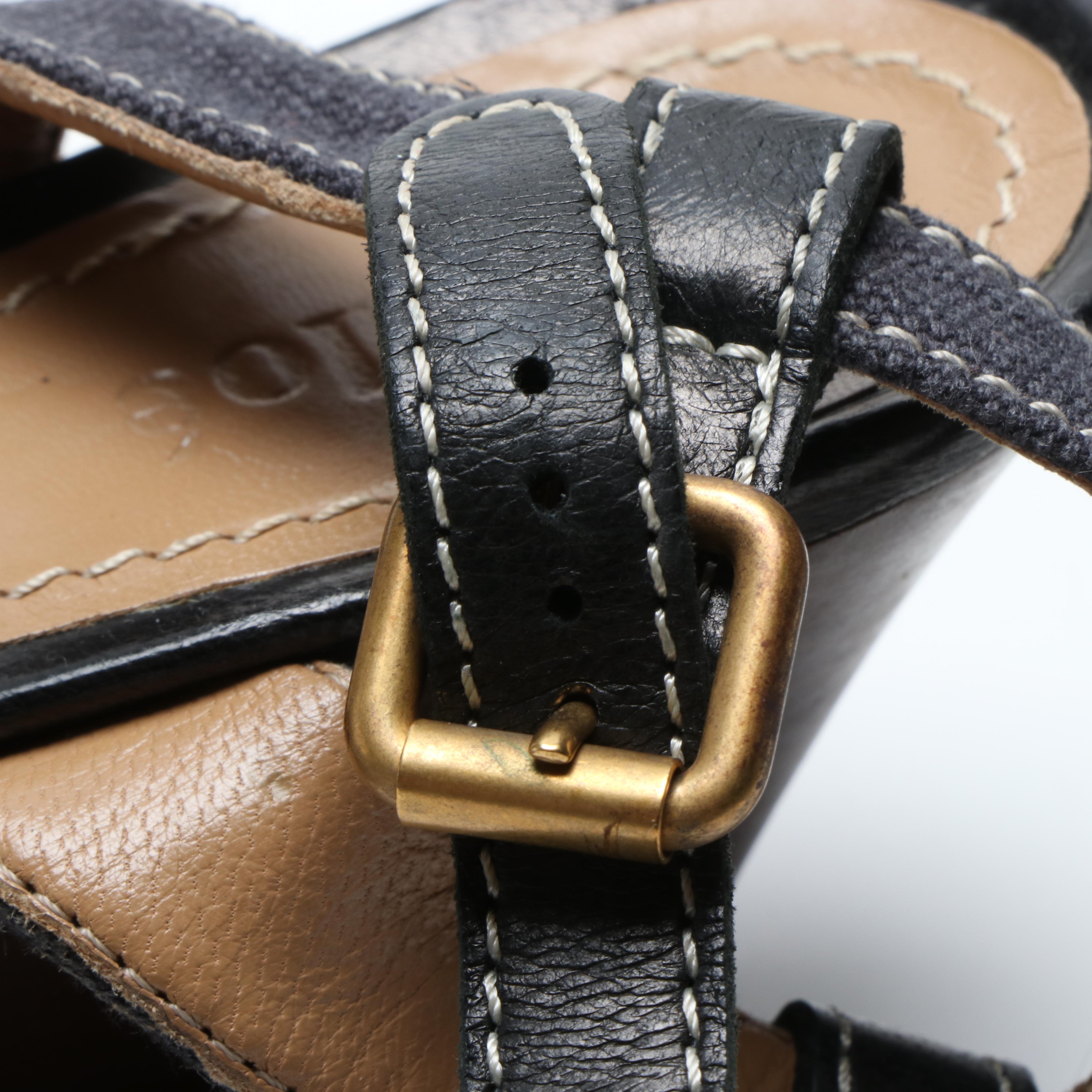 Prada Metallic Blue Leather and Chloé Canvas and Leather Wedge Sandals