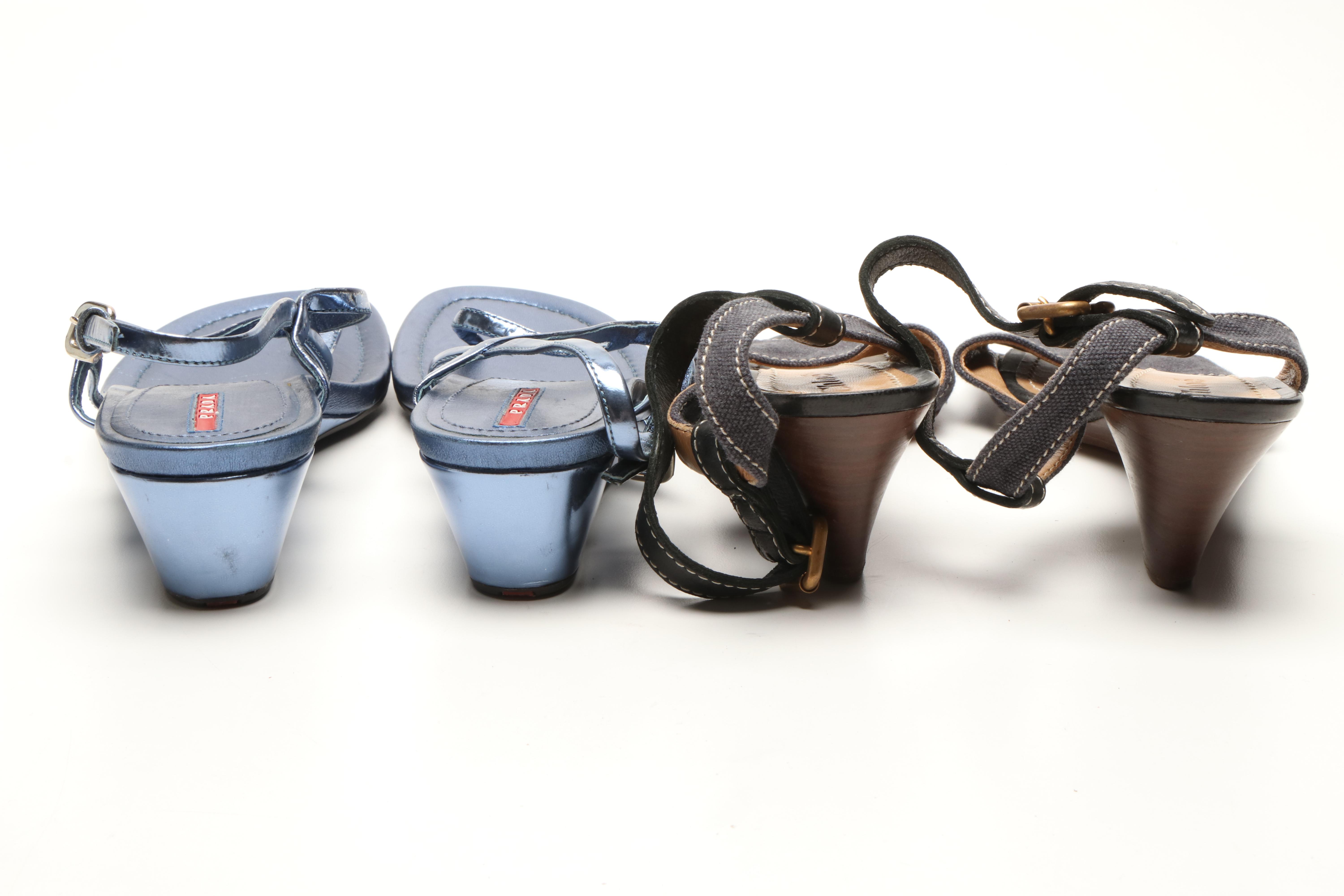Prada Metallic Blue Leather and Chloé Canvas and Leather Wedge Sandals