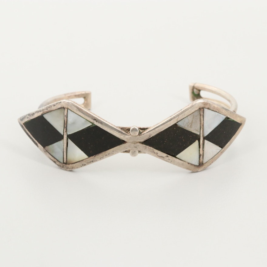 Sterling Silver Mother of Pearl and Glass Cuff Bracelet