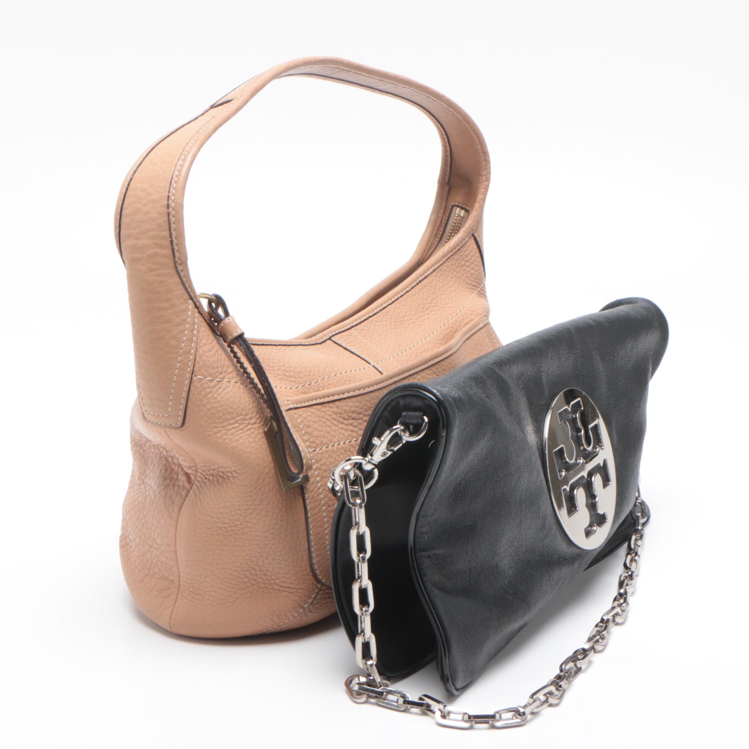 Tory Burch Black Leather Reva Flap Clutch and Coach Pebbled Leather Hobo Bag
