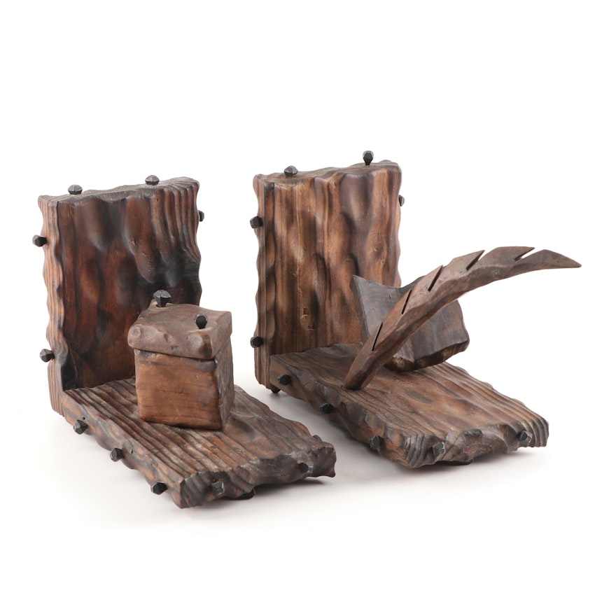 Handcrafted Carved Pen and Inkwell Wood Bookends