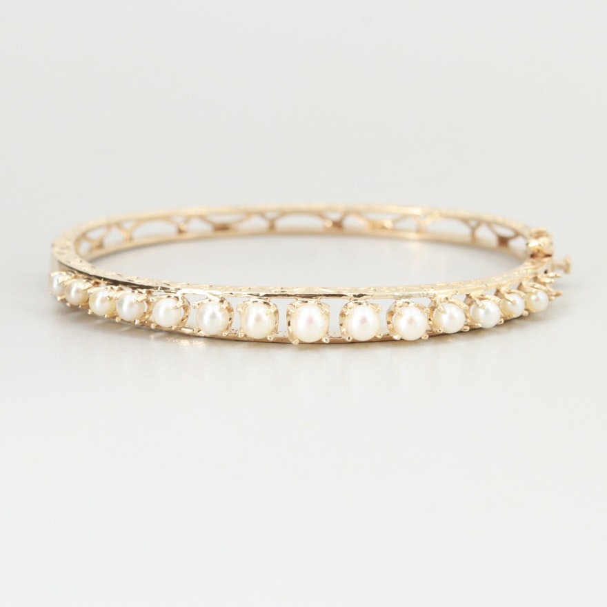 14K Yellow Gold Cultured Pearl Bangle Bracelet