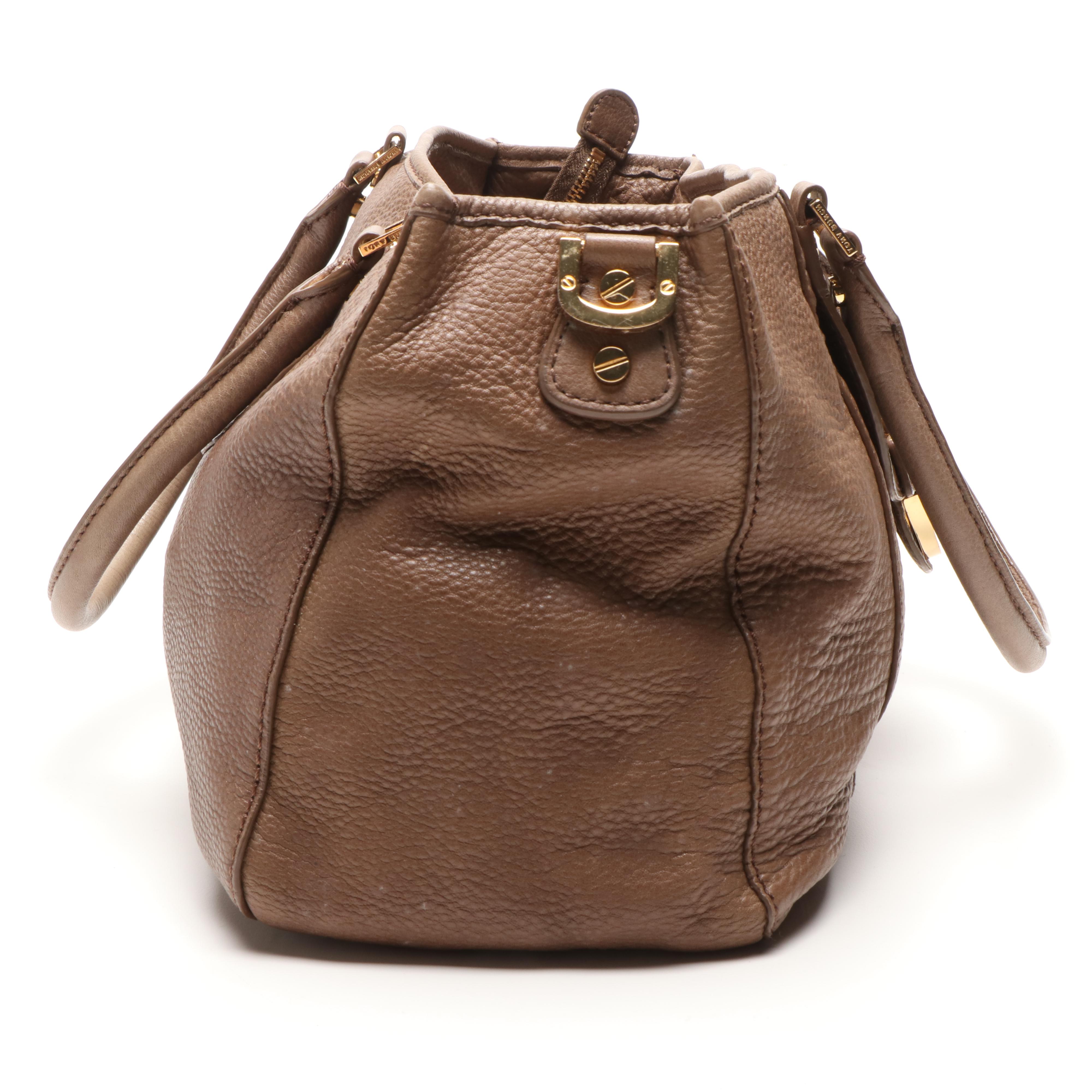 Tory Burch Taupe Leather Satchel and Logo Metallic Thong Sandals