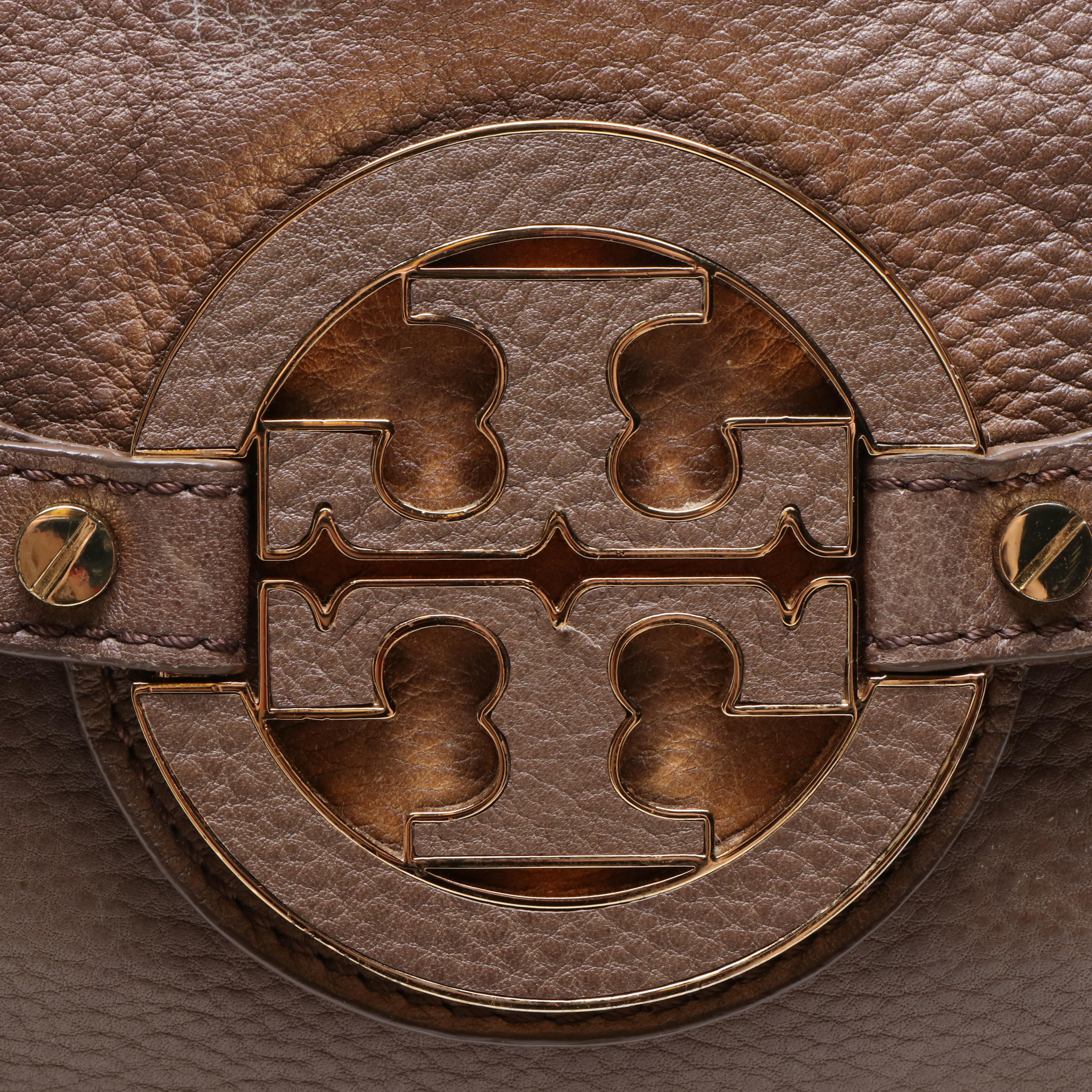 Tory Burch Taupe Leather Satchel and Logo Metallic Thong Sandals