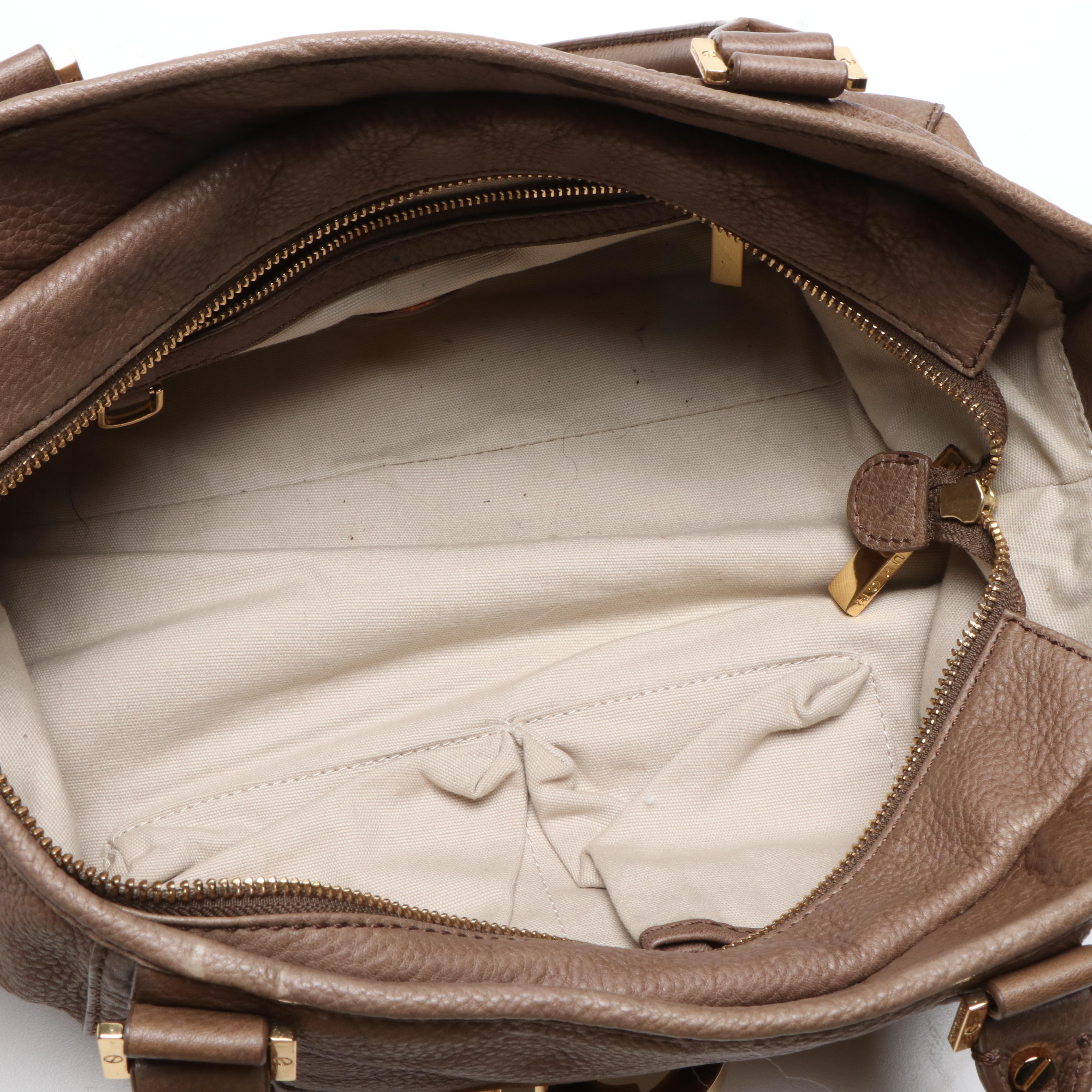 Tory Burch Taupe Leather Satchel and Logo Metallic Thong Sandals