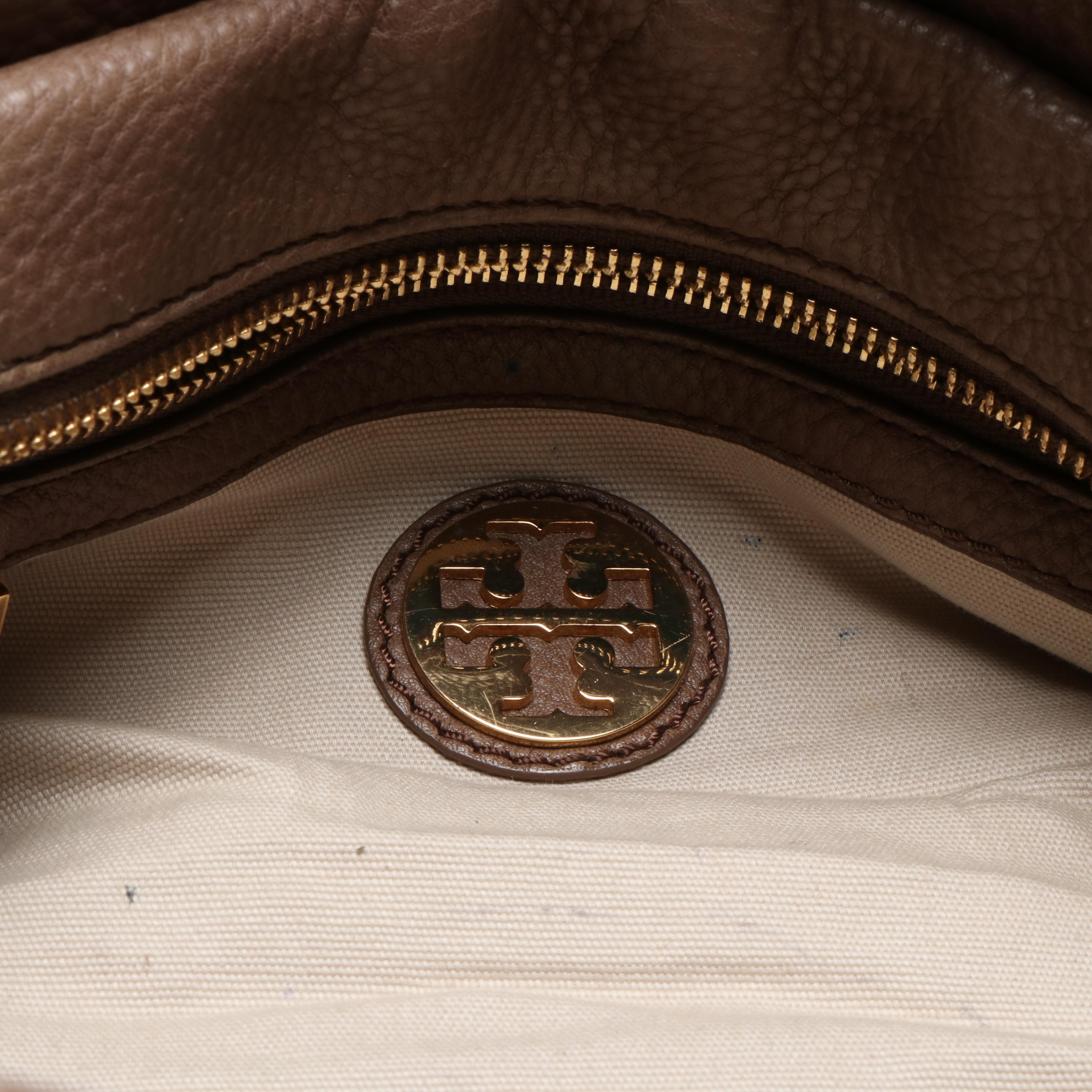 Tory Burch Taupe Leather Satchel and Logo Metallic Thong Sandals