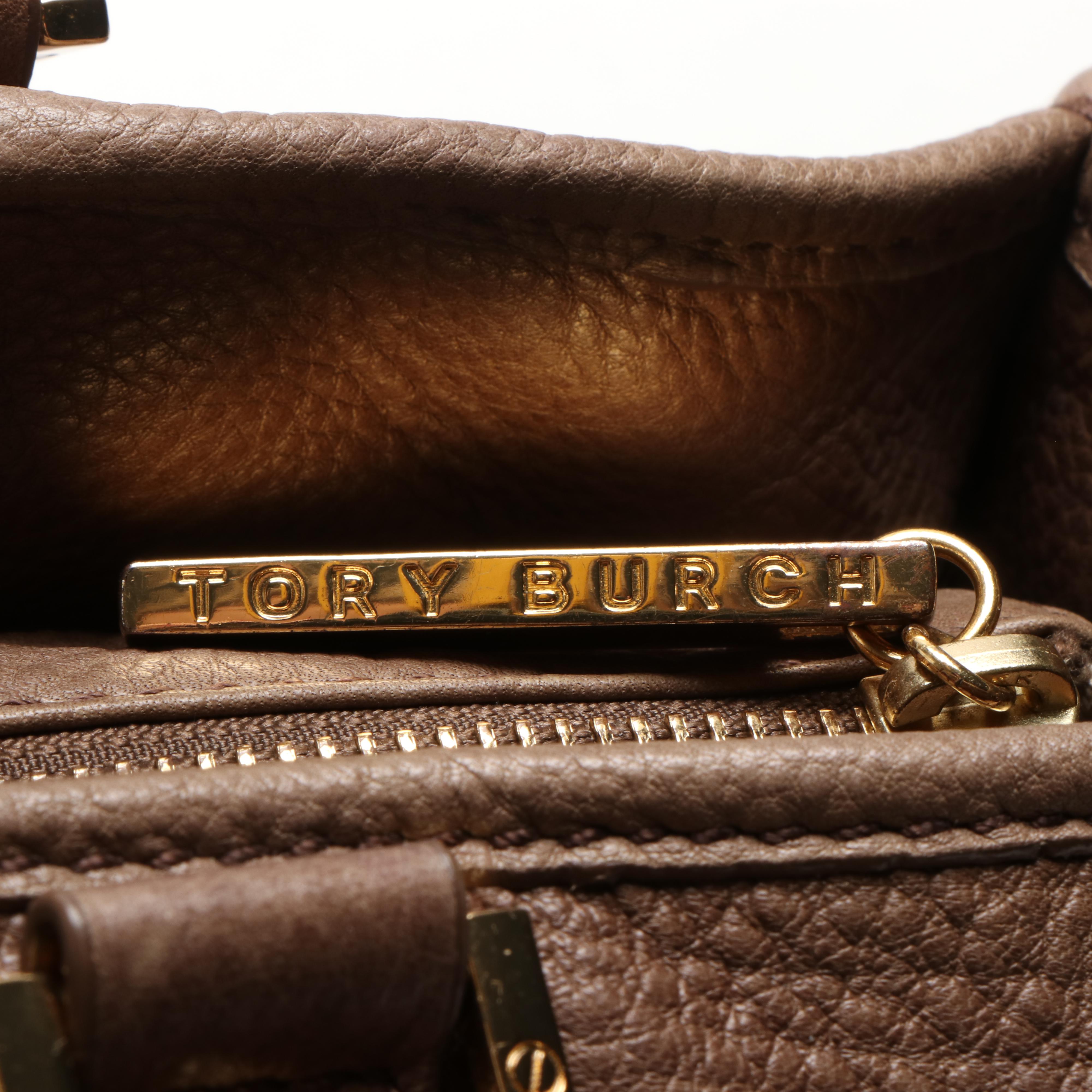 Tory Burch Taupe Leather Satchel and Logo Metallic Thong Sandals