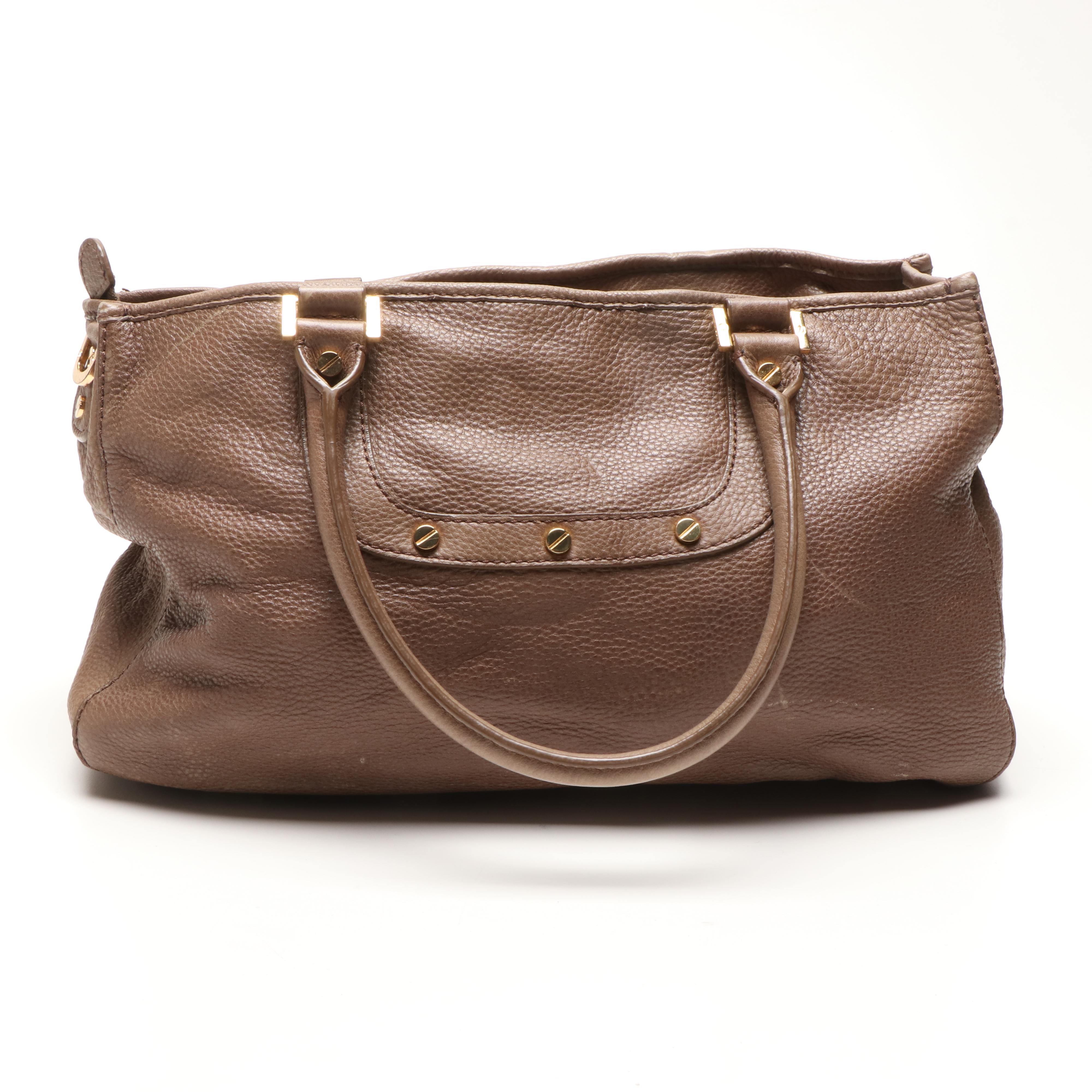 Tory Burch Taupe Leather Satchel and Logo Metallic Thong Sandals