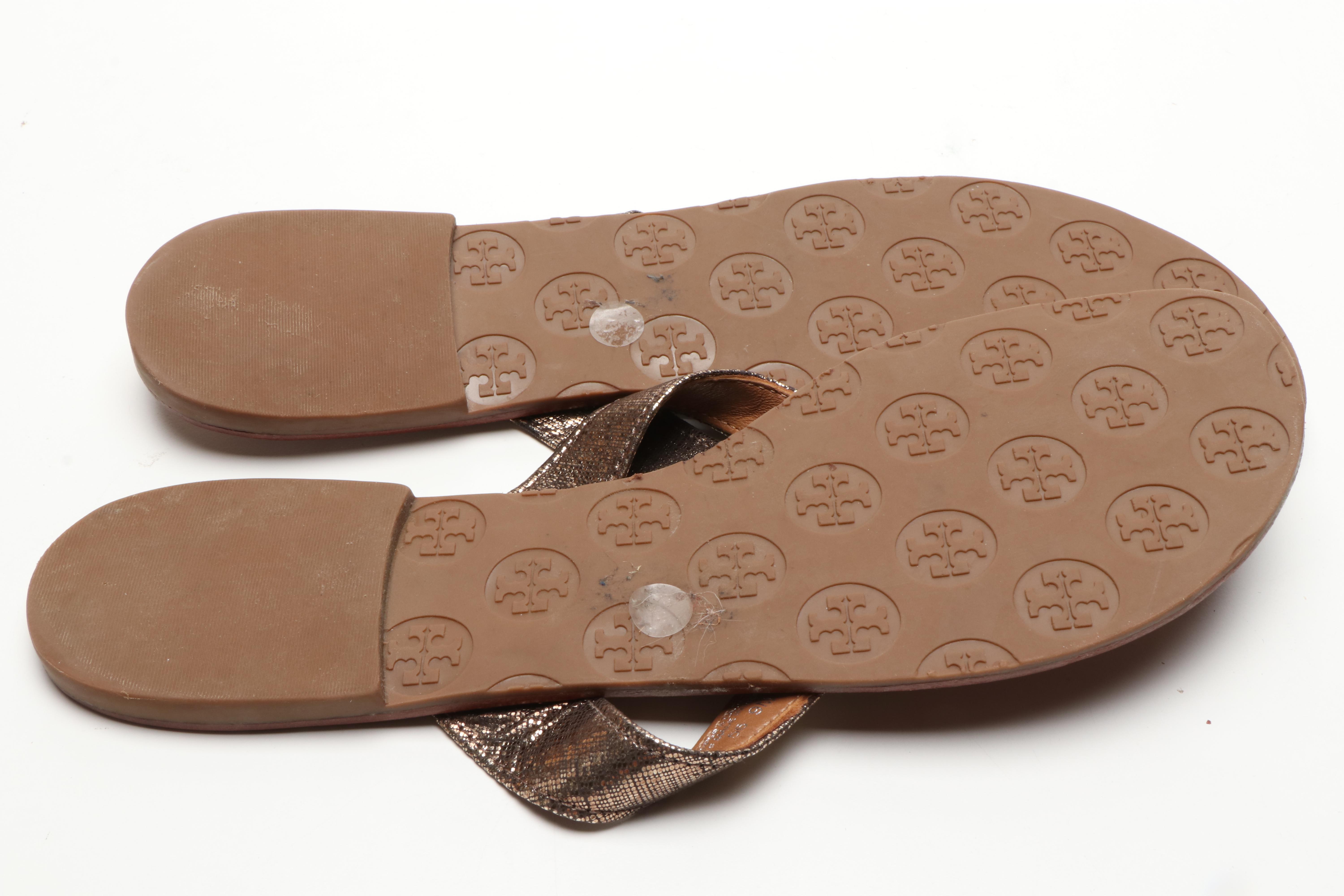 Tory Burch Taupe Leather Satchel and Logo Metallic Thong Sandals