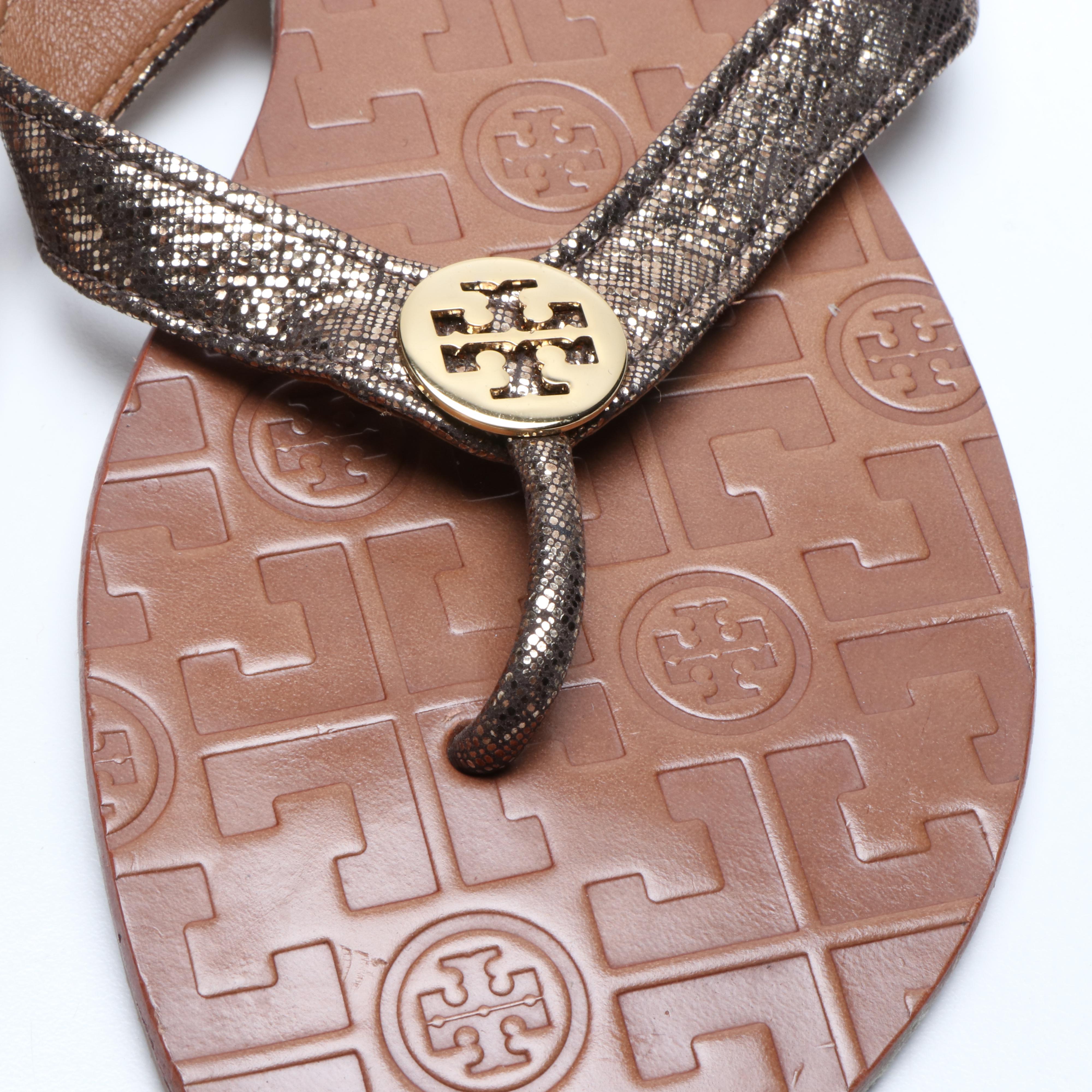 Tory Burch Taupe Leather Satchel and Logo Metallic Thong Sandals