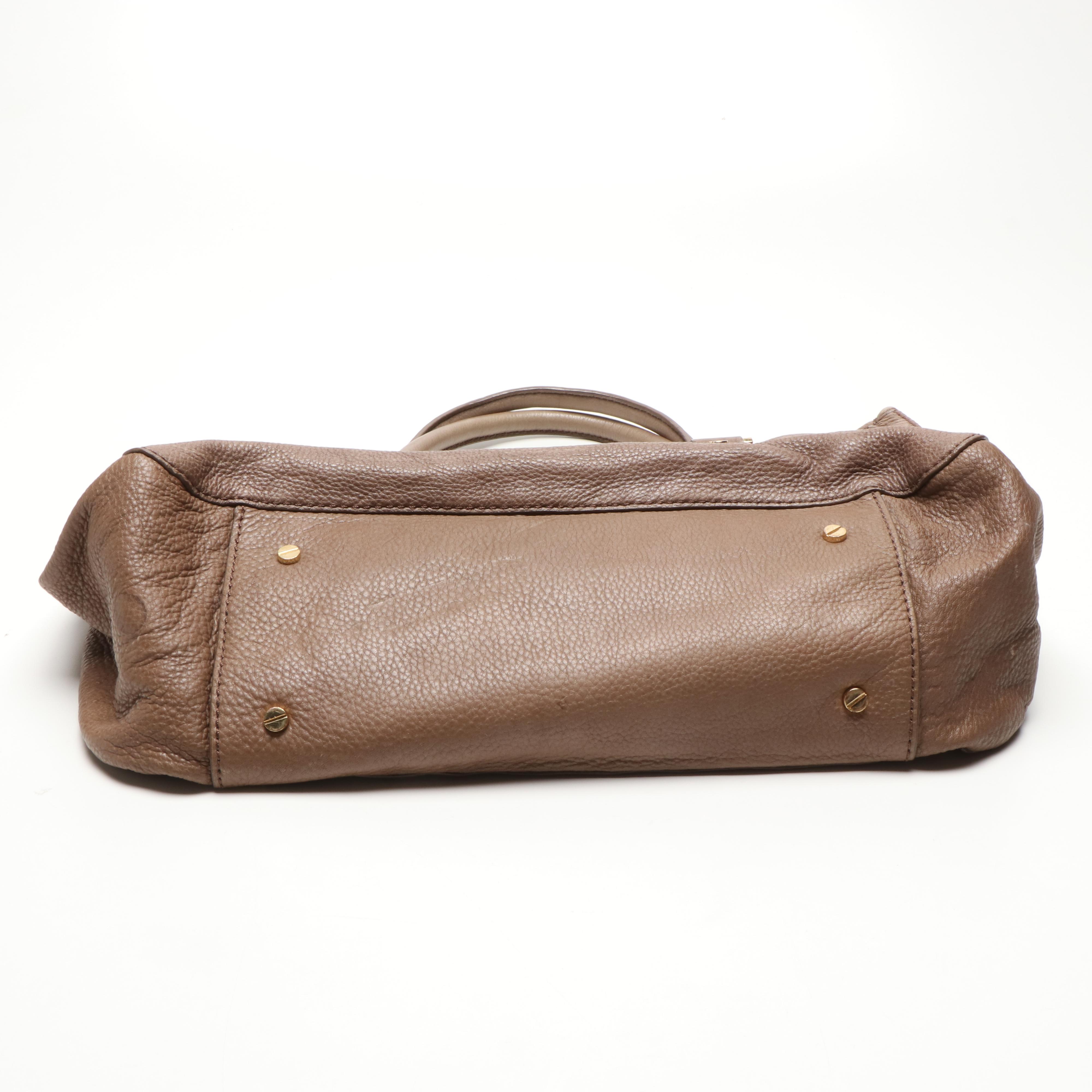 Tory Burch Taupe Leather Satchel and Logo Metallic Thong Sandals