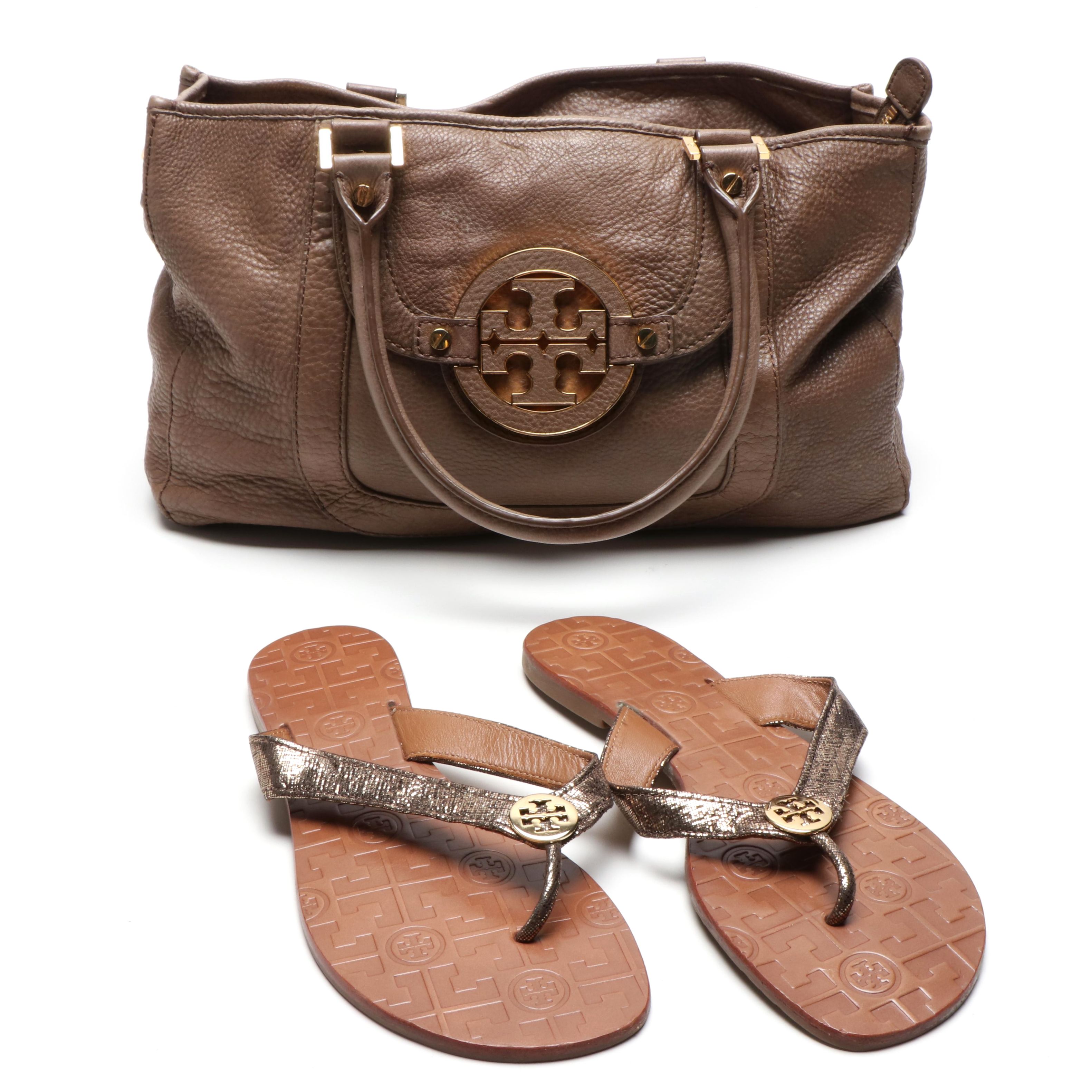 Tory Burch Taupe Leather Satchel and Logo Metallic Thong Sandals