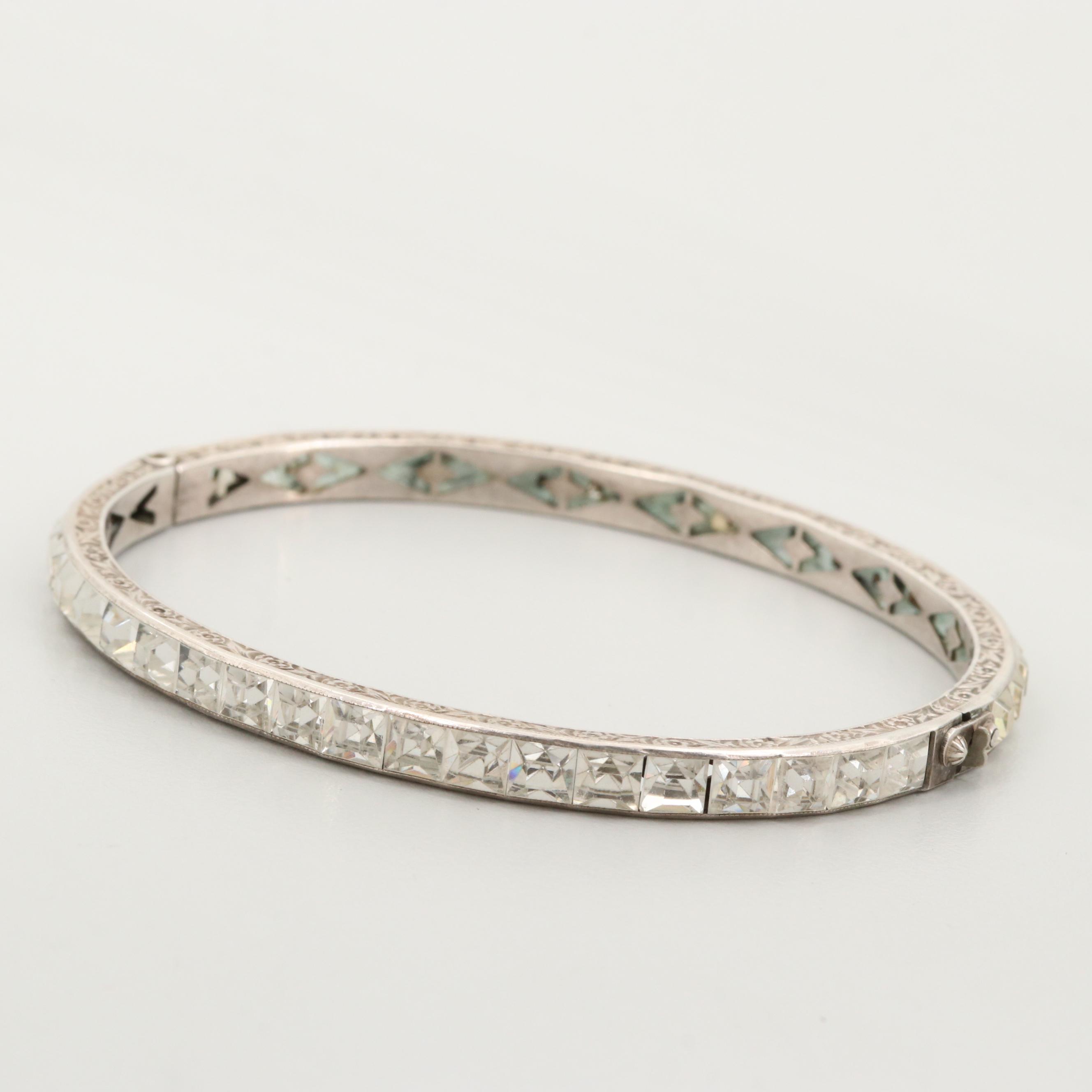 Art Deco Sterling Silver Paste Hinged Bangle Bracelets