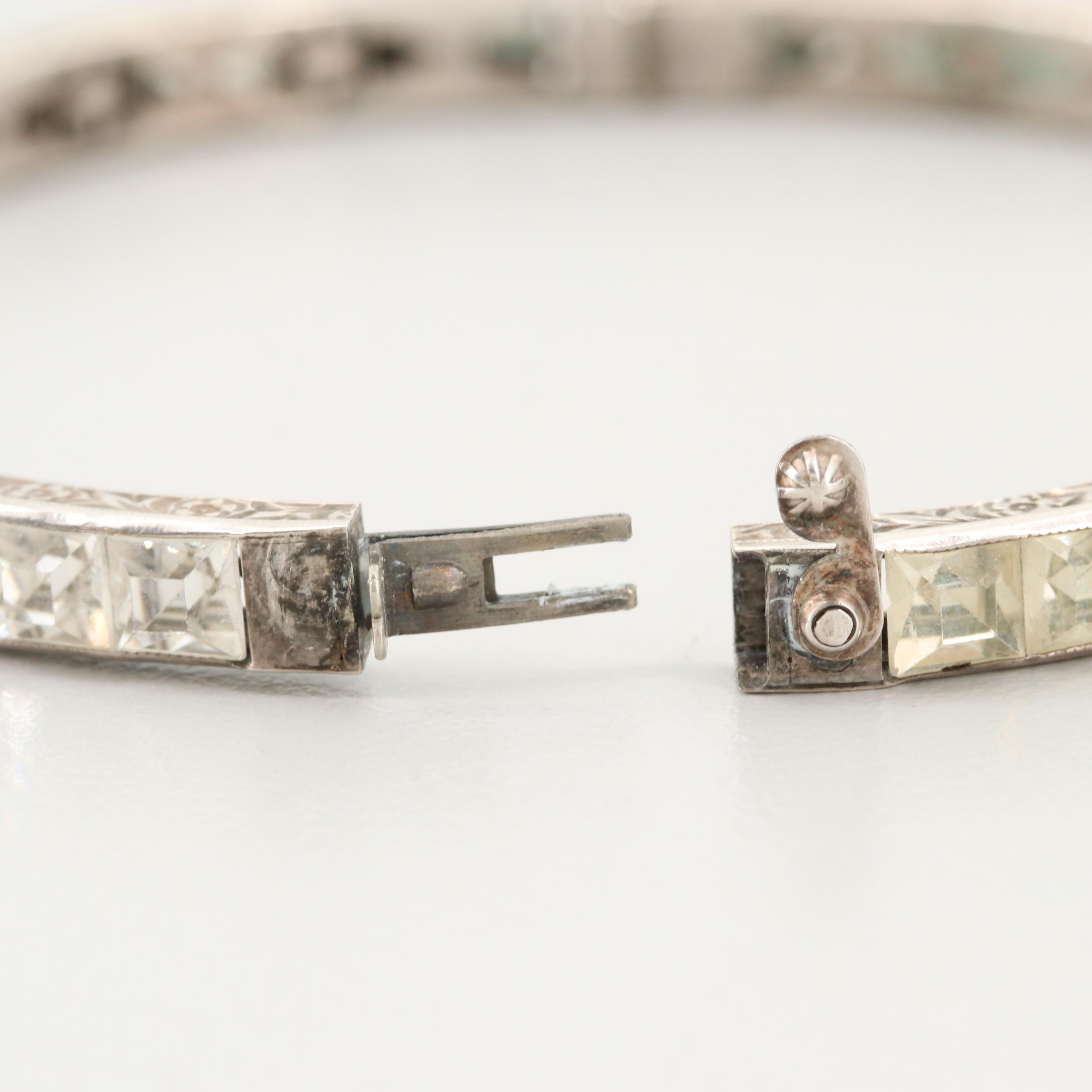 Art Deco Sterling Silver Paste Hinged Bangle Bracelets