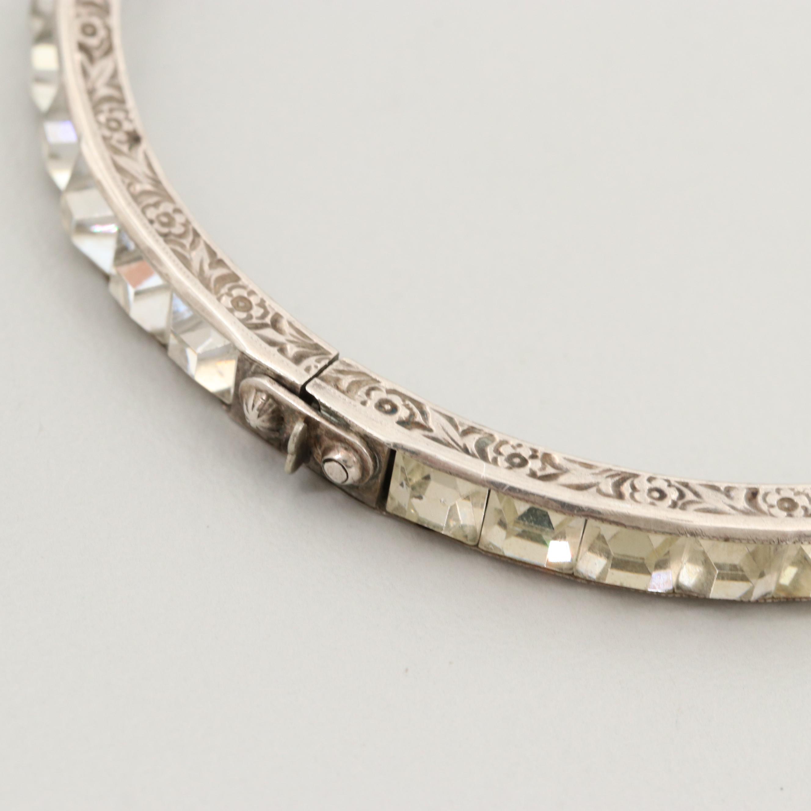 Art Deco Sterling Silver Paste Hinged Bangle Bracelets