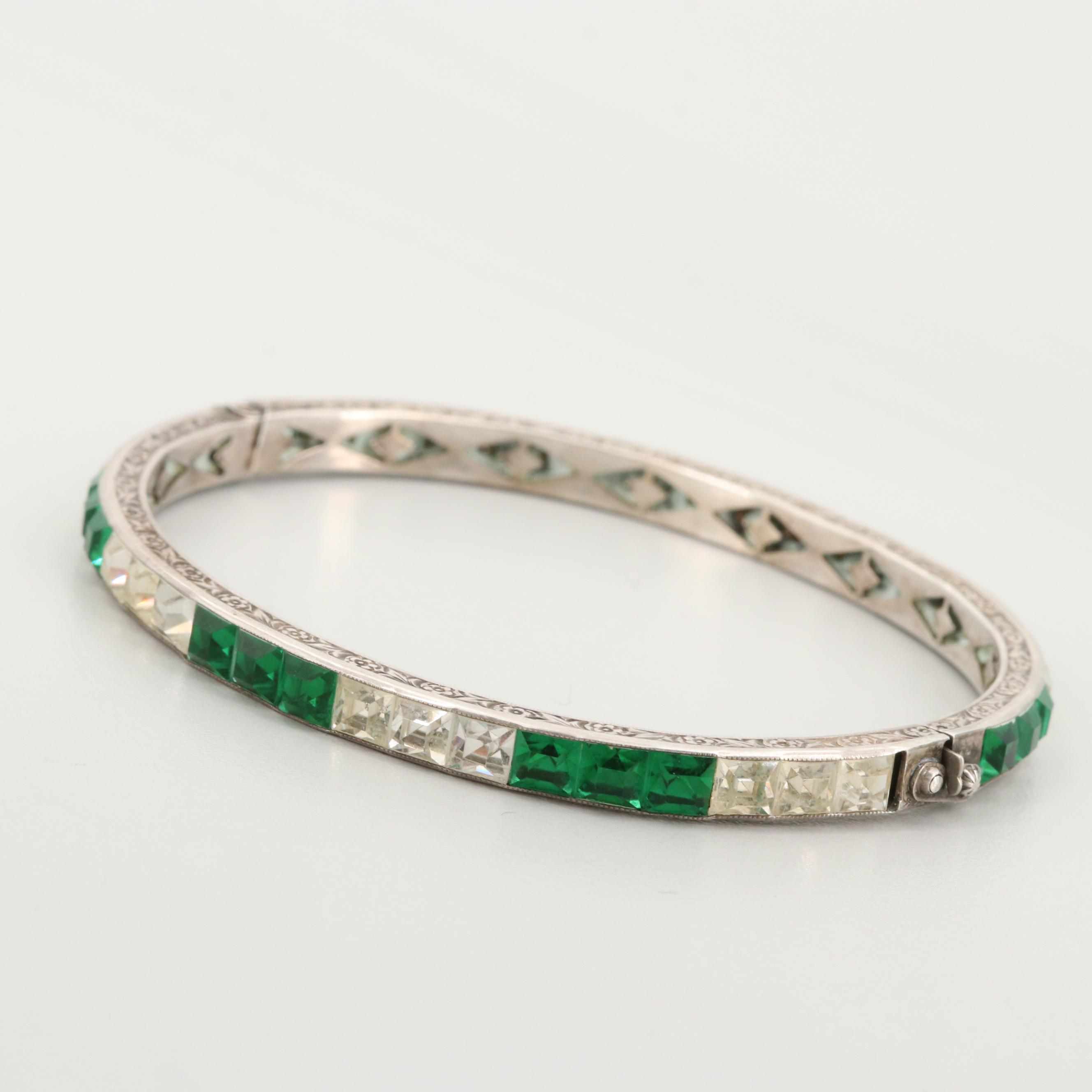 Art Deco Sterling Silver Paste Hinged Bangle Bracelets