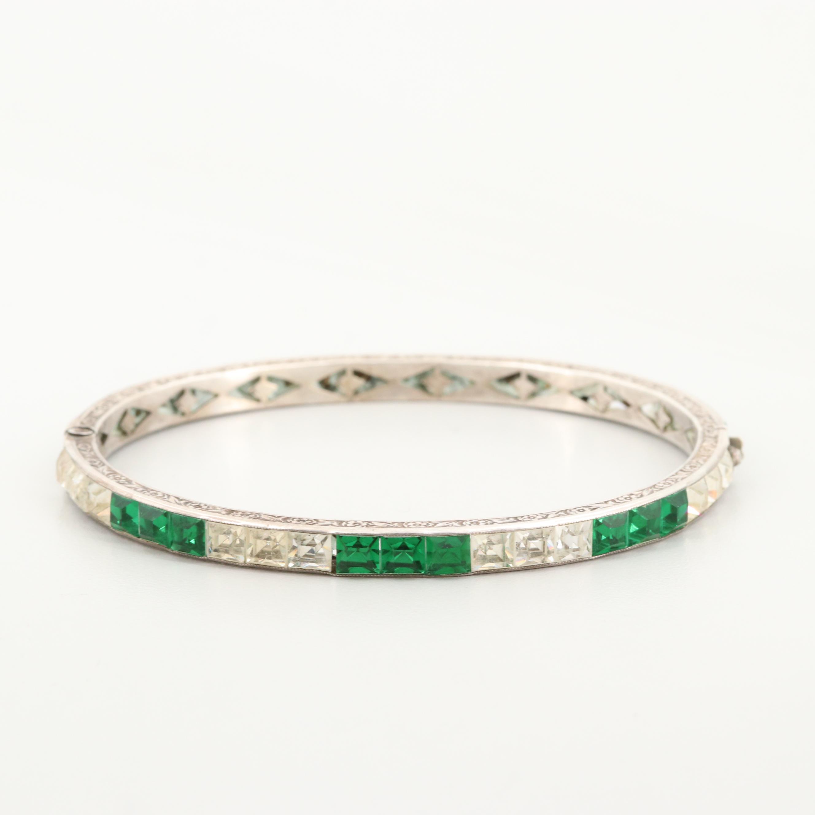 Art Deco Sterling Silver Paste Hinged Bangle Bracelets