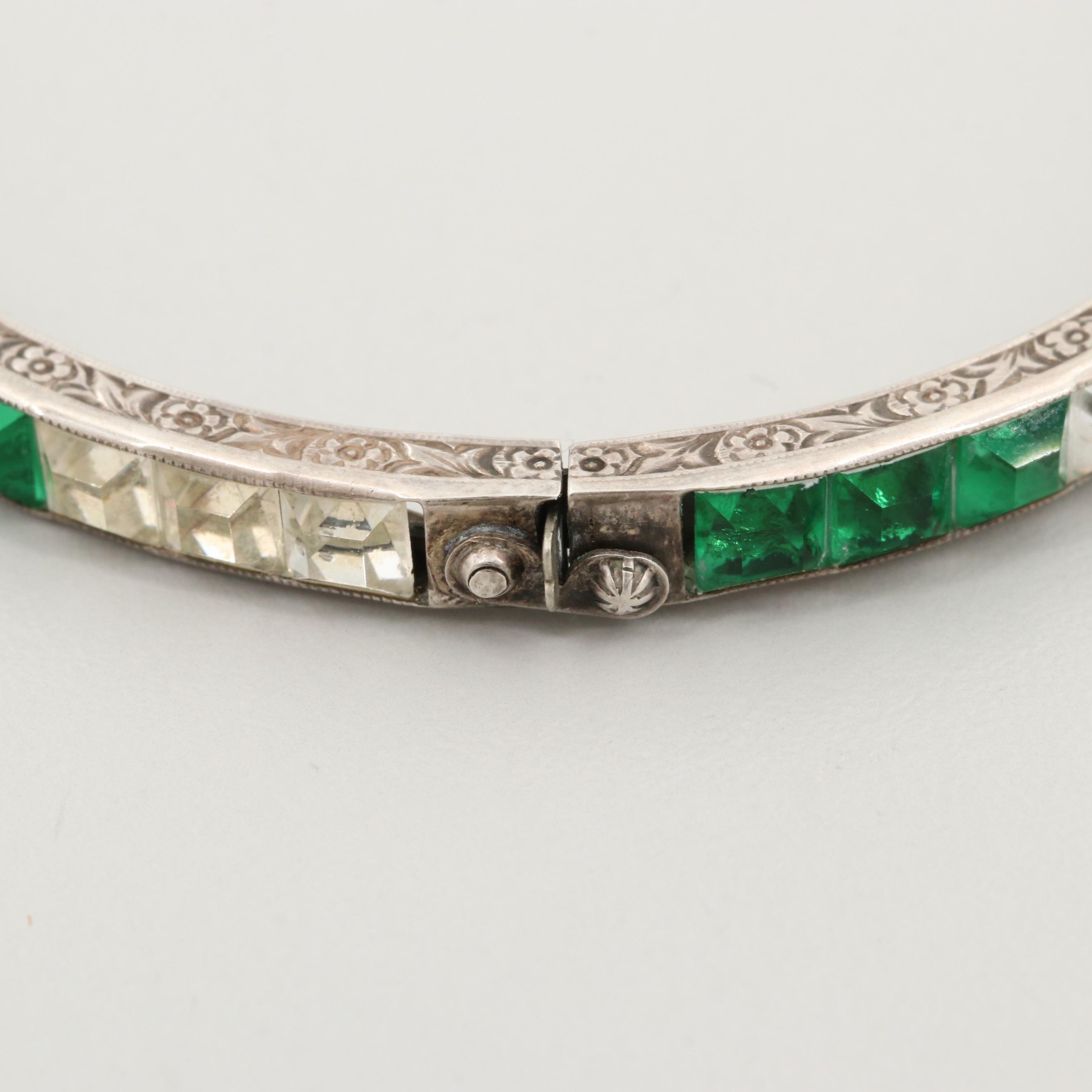 Art Deco Sterling Silver Paste Hinged Bangle Bracelets