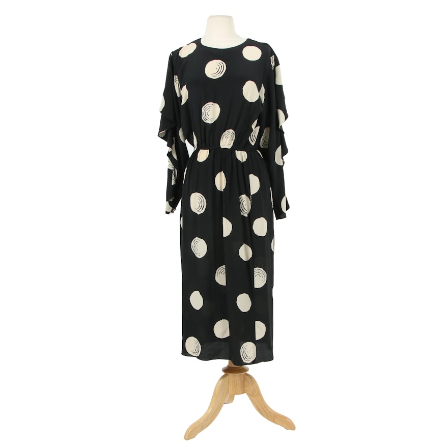 Pierre Cardin Boutique Silk Dress in Black and Ivory Circular Print, Vintage