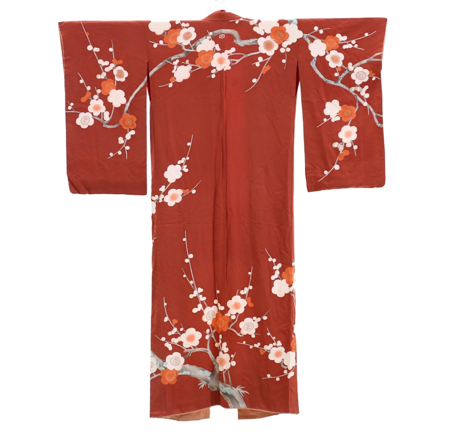 Rust Silk Damask Crested Kimono and Brocade Sash, circa 1960