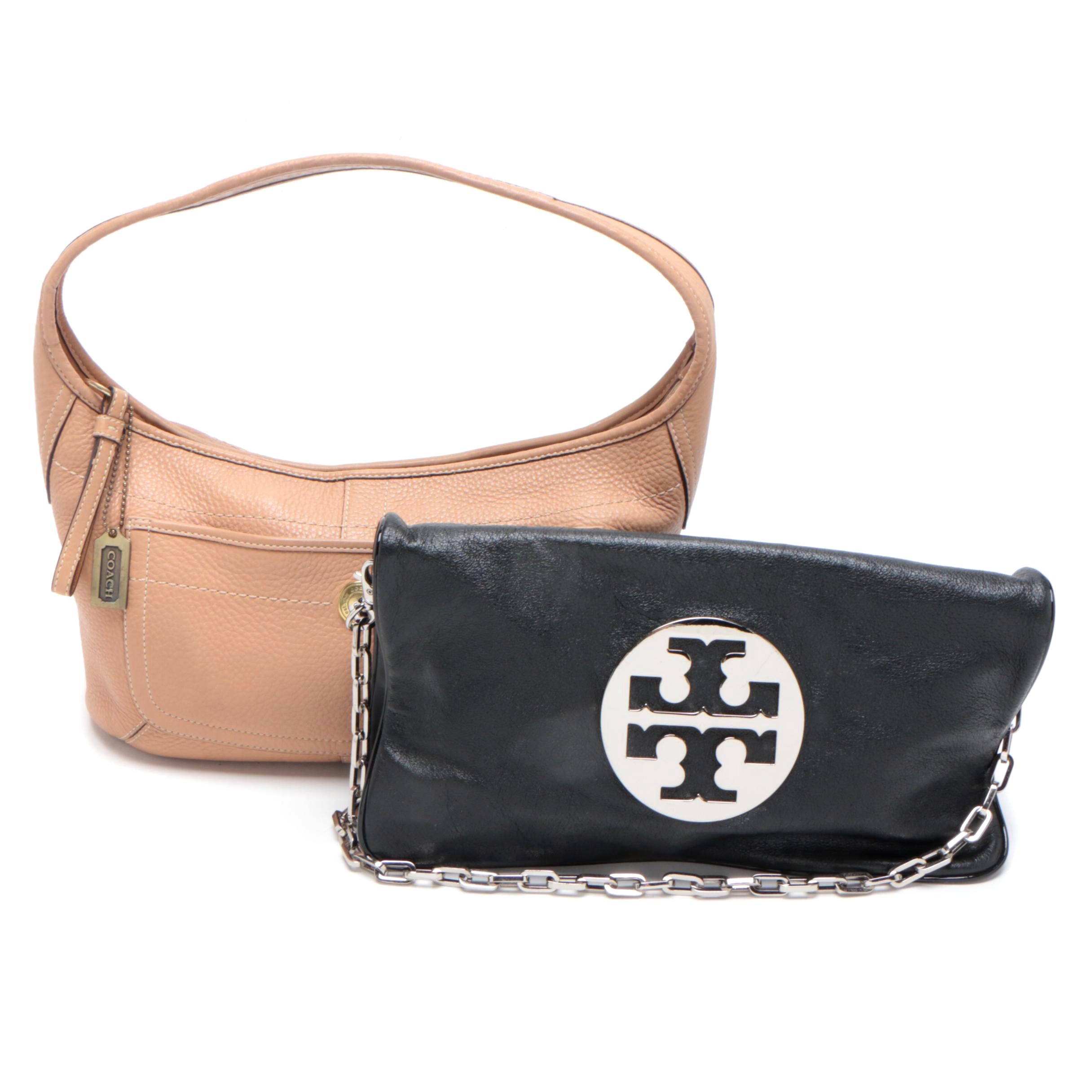 Tory Burch Black Leather Reva Flap Clutch and Coach Pebbled Leather Hobo Bag